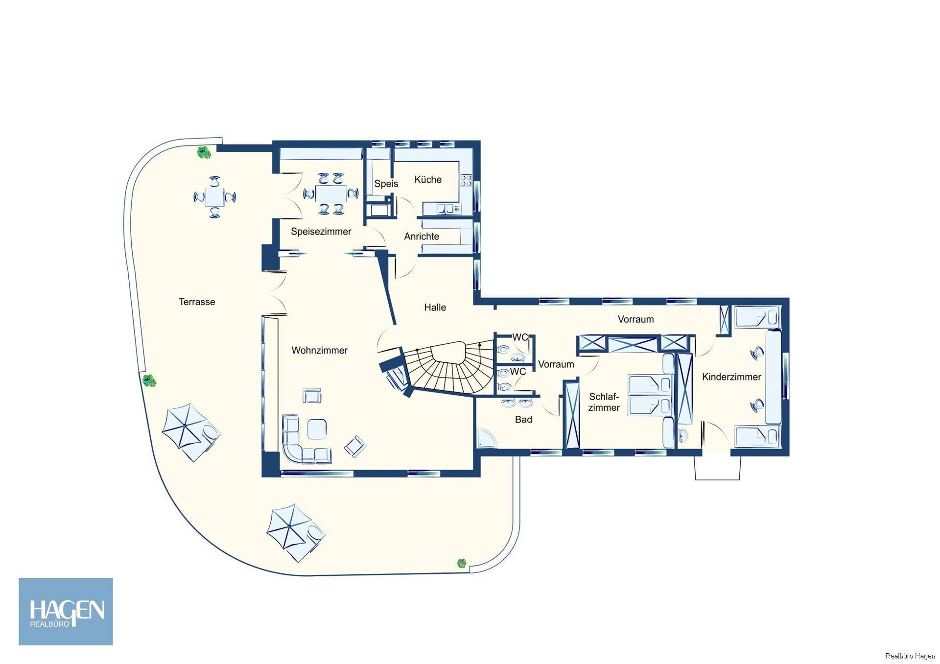 Grundriss des Obergeschosses mit Wohnzimmer, Küche, Schlafzimmern und großer Terrasse.