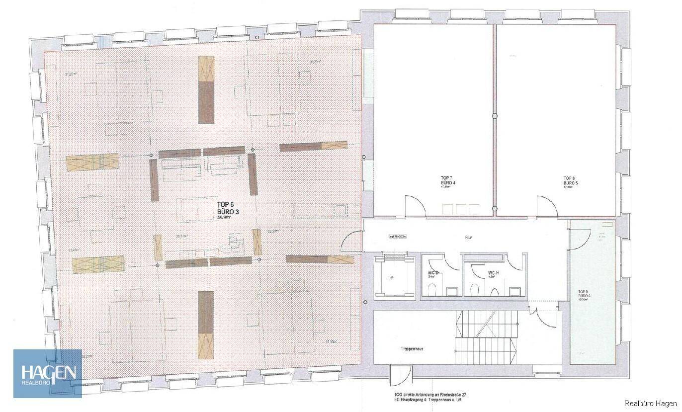 Grundrissplan eines Bürogeschosses mit mehreren Büroeinheiten, Sanitärbereichen und einem Aufzug.