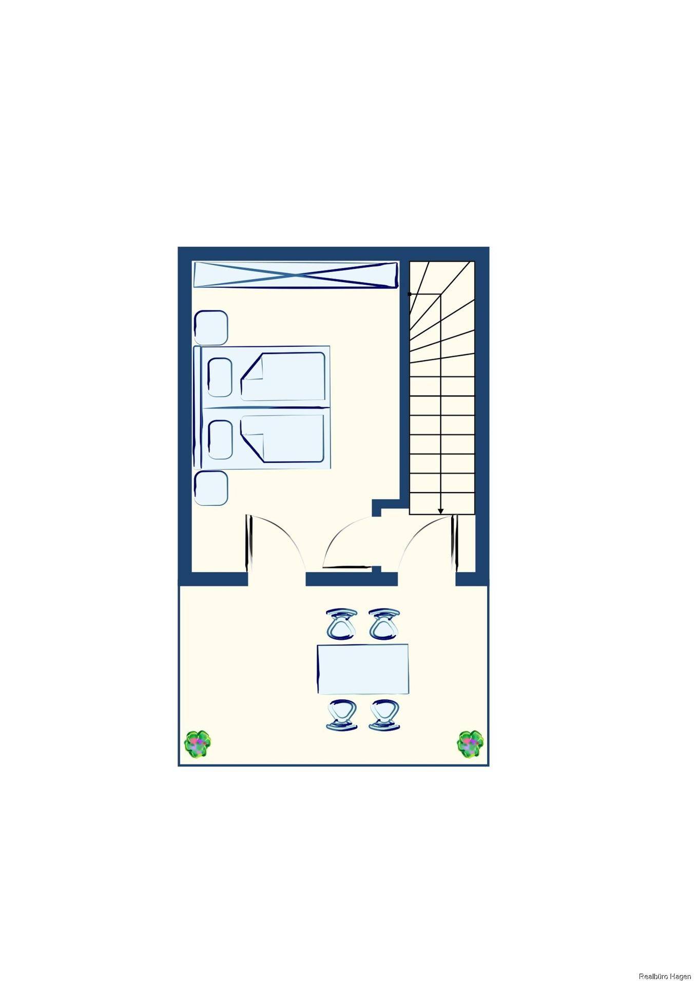 Grundriss des Dachgeschosses mit Schlafzimmer, Wohnbereich und Treppe.