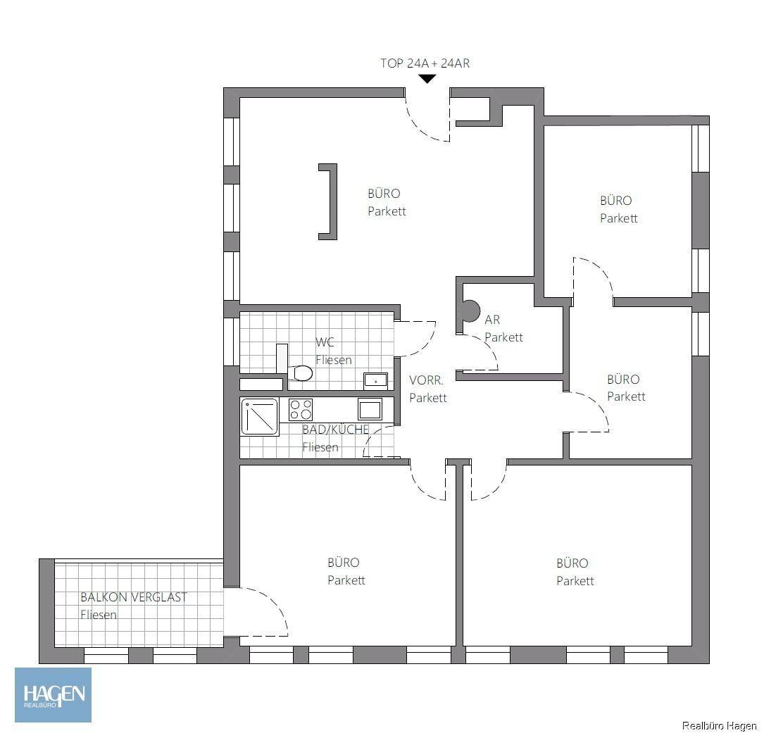 Grundriss der Einheit TOP 24A + 24AR mit mehreren Büroräumen, einer kombinierten Bad/Küche, separatem WC und verglastem Balkon.