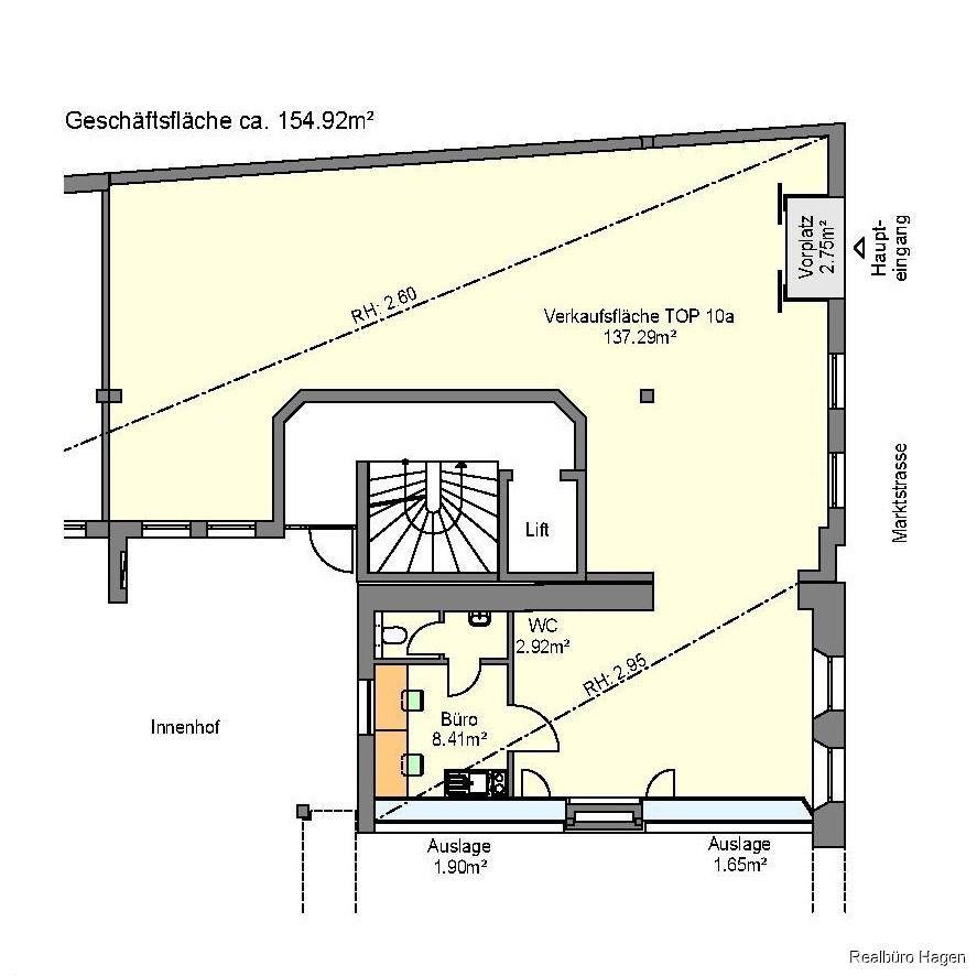 Grundriss einer Geschäftsfläche mit Verkaufsraum, Büro, WC und Aufzug, inklusive Flächenangaben und Hauptzugang.