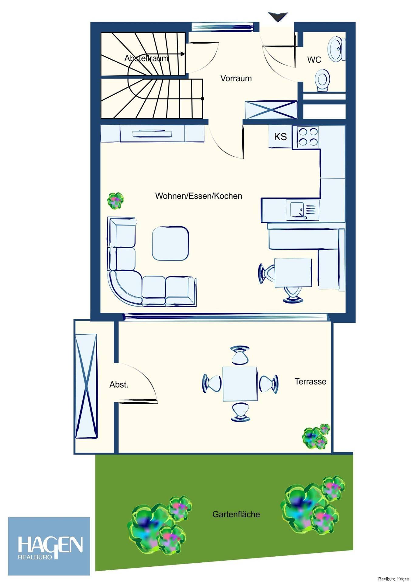 Grundriss des Erdgeschosses mit offenem Wohn-/Ess-/Kochbereich, WC, Terrasse und Gartenfläche.