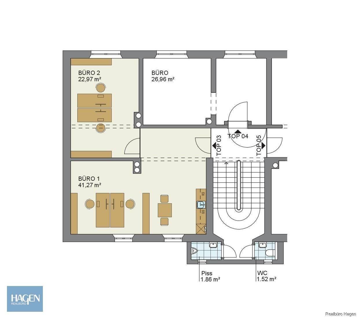 Detaillierter Grundriss mit drei Büroräumen, Treppenhaus und separaten Toilettenbereichen.