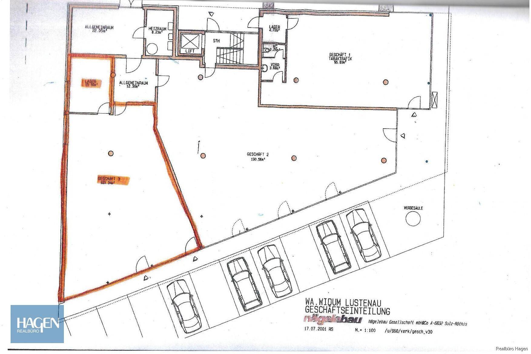 Grundrissplan des Gewerbeobjekts mit verschiedenen Geschäftsflächen und Tiefgaragenstellplätzen.