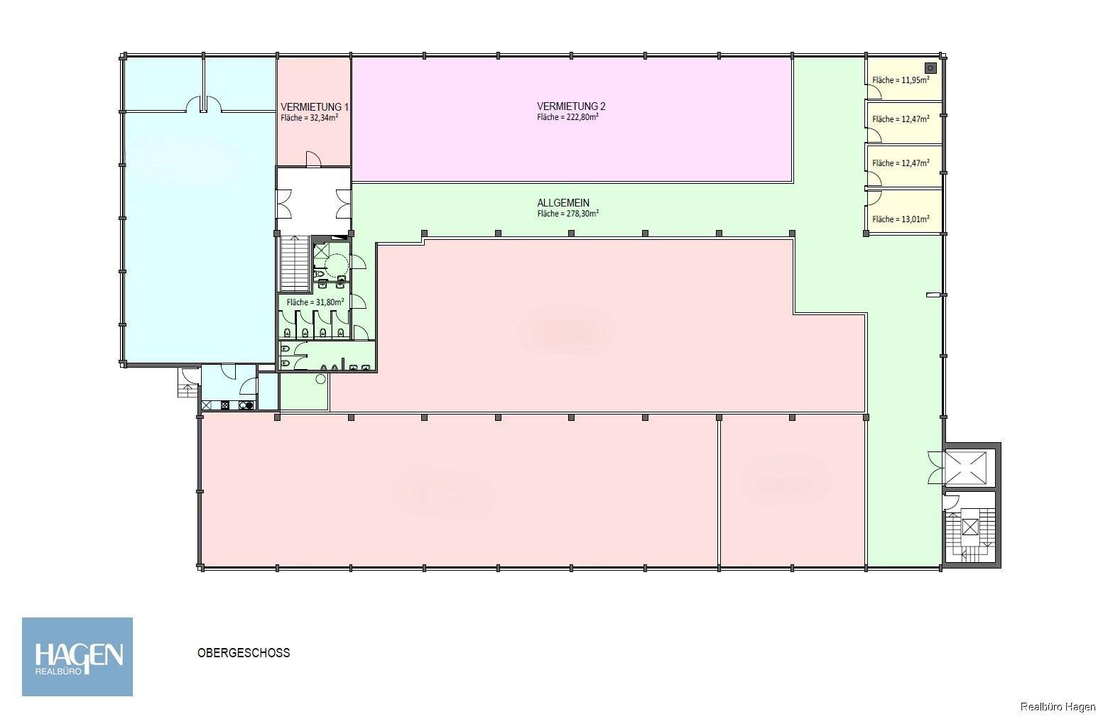 Grundriss des Obergeschosses mit verschiedenen Mietbereichen und allgemeinen Flächen.