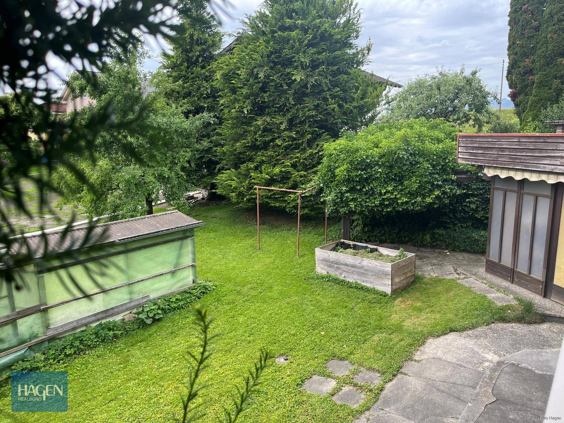 Gartenansicht von oben mit Rasenfläche, Hochbeet und umgebenden Bäumen.