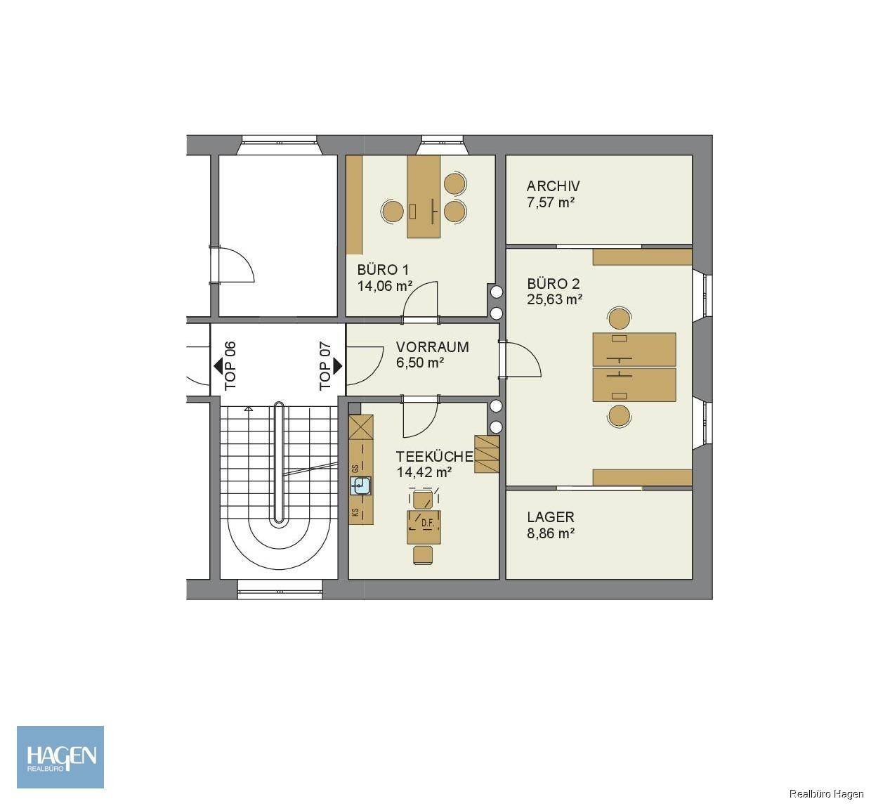 Detaillierter Grundriss mit Büros, Teeküche, Archiv und Lagerflächen auf einer Etage.