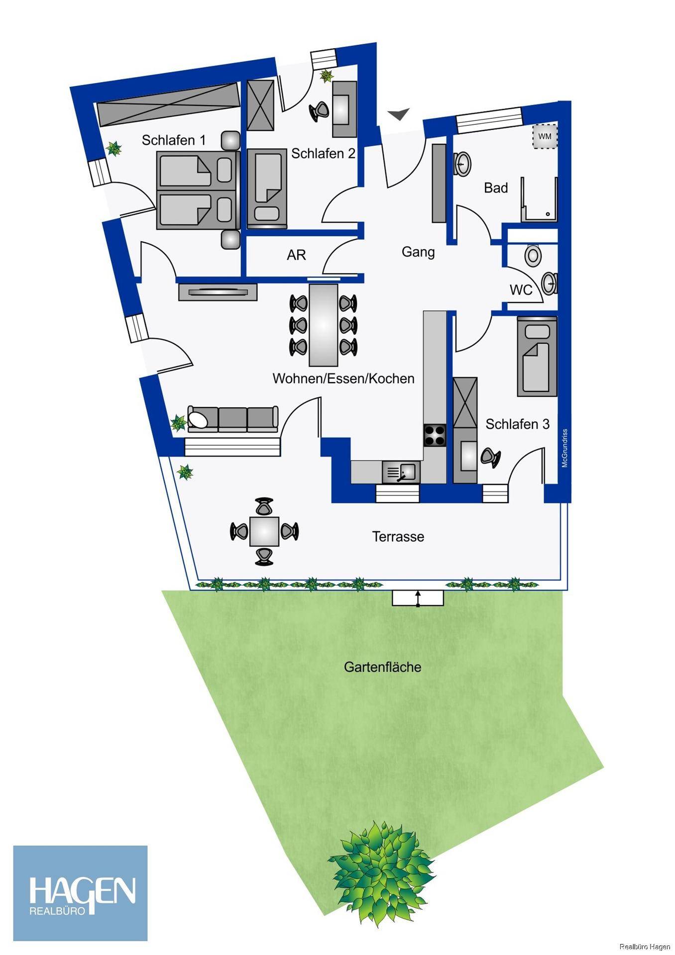 Grundriss einer Wohnung mit drei Schlafzimmern, offenem Wohnbereich, Terrasse und Gartenfläche.