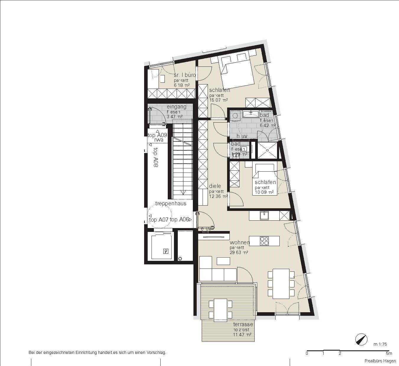 Grundrissplan einer Wohnung mit zwei Schlafzimmern, zwei Bädern, einem Büro und einer großen Terrasse.