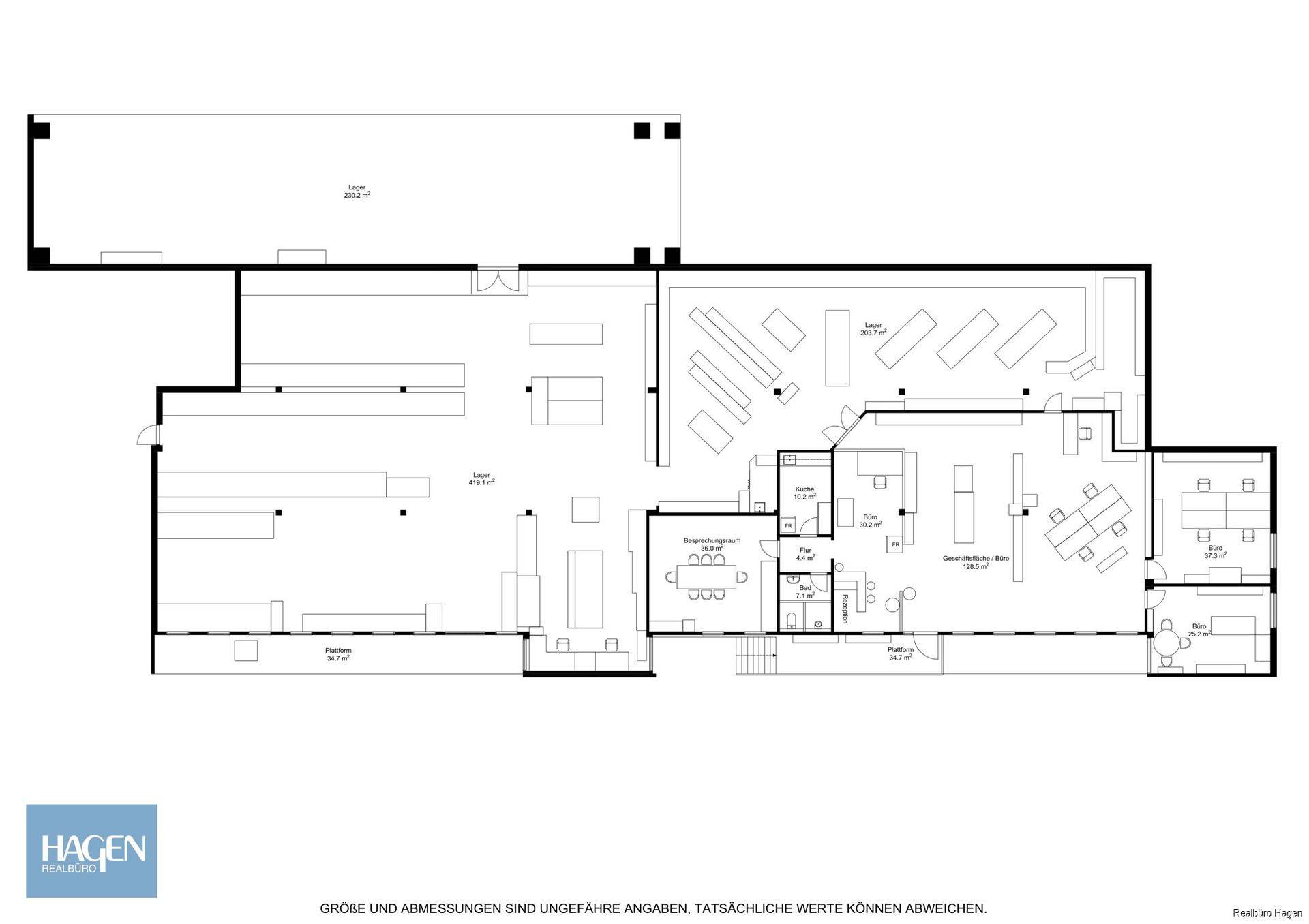 Grundriss des Erdgeschosses mit Lagerflächen, Verkaufsraum und Bürobereichen.