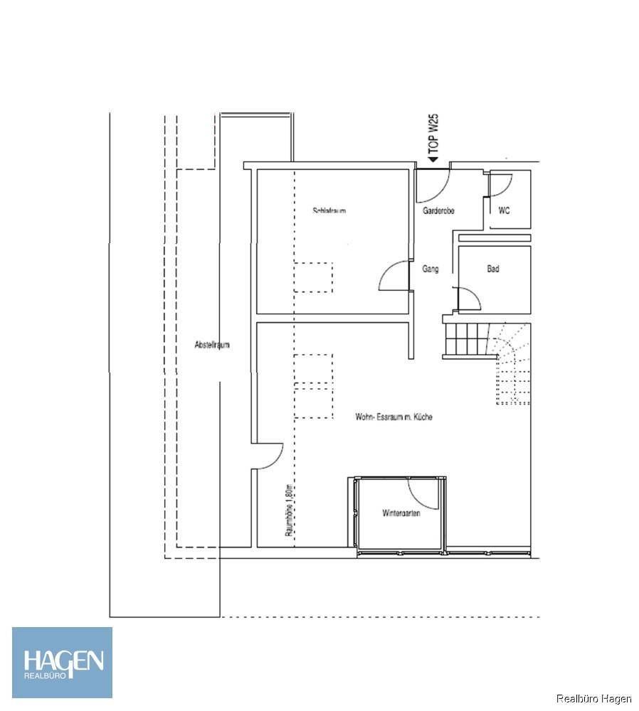 Grundrissplan einer Wohnung mit offenem Wohn-Essbereich, Küche, Schlafzimmer und Wintergarten.