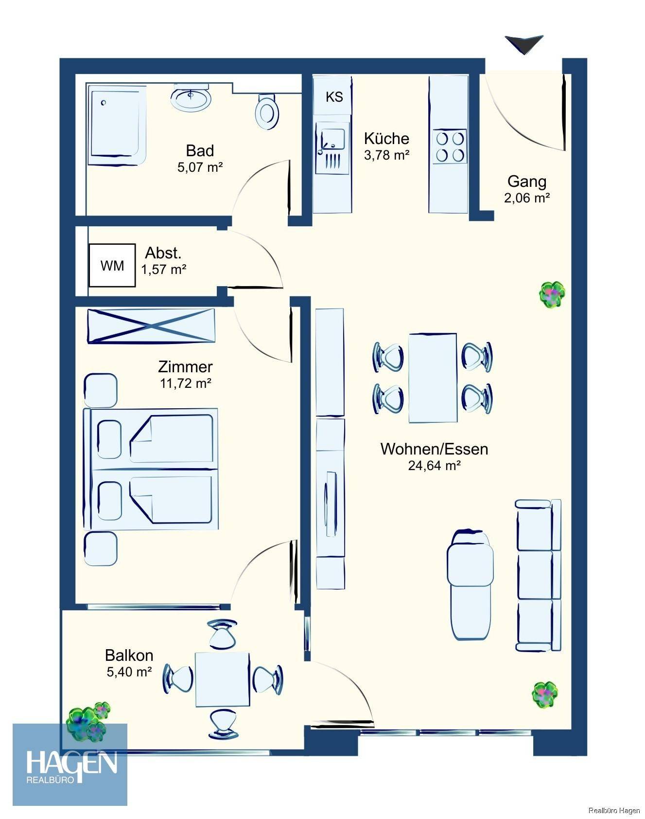 Detaillierter Grundriss einer Wohnung mit separater Küche, Wohn-Essbereich und Balkon.