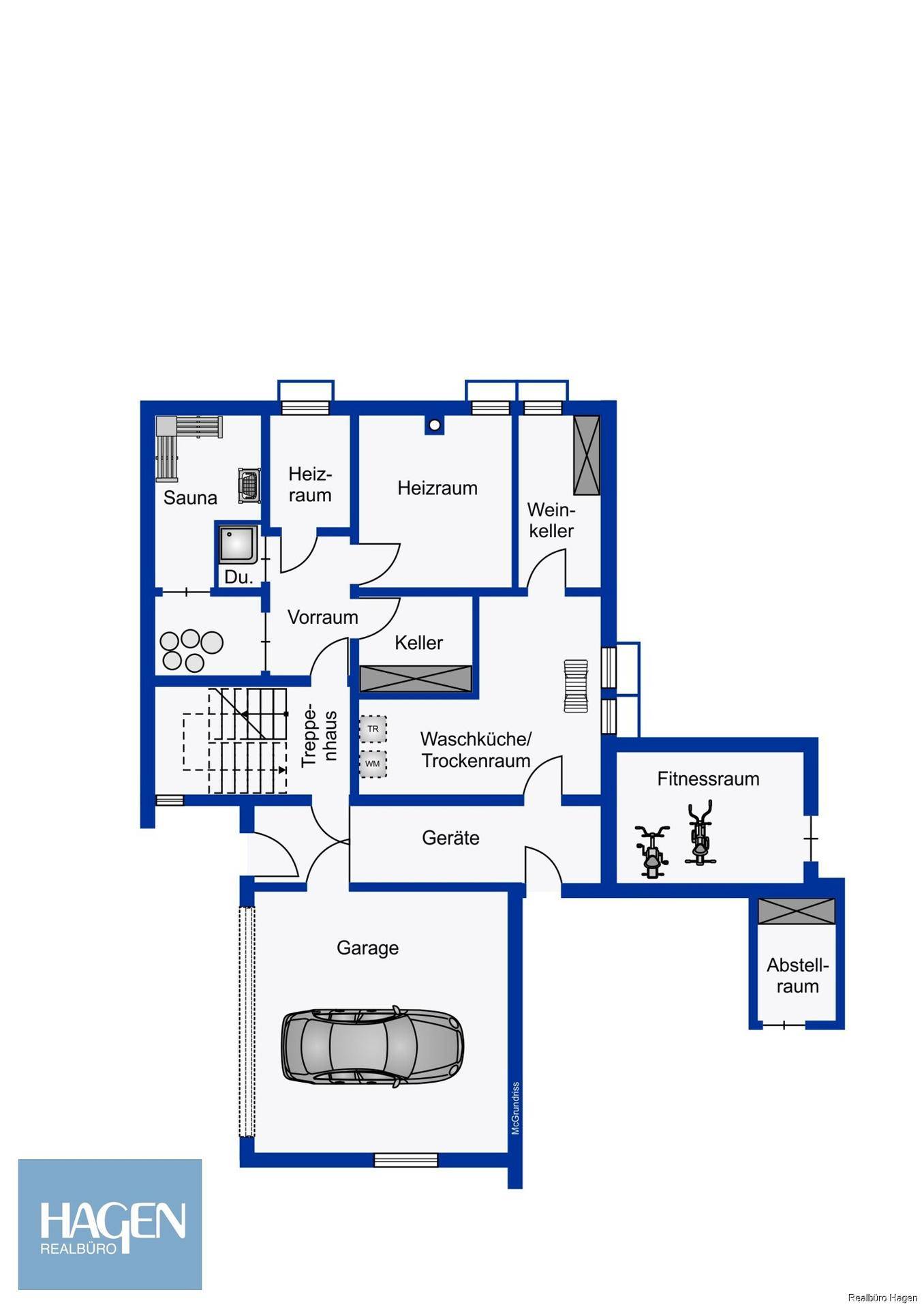 Grundriss des Untergeschosses mit Garage, Weinkeller, Sauna und Fitnessraum.