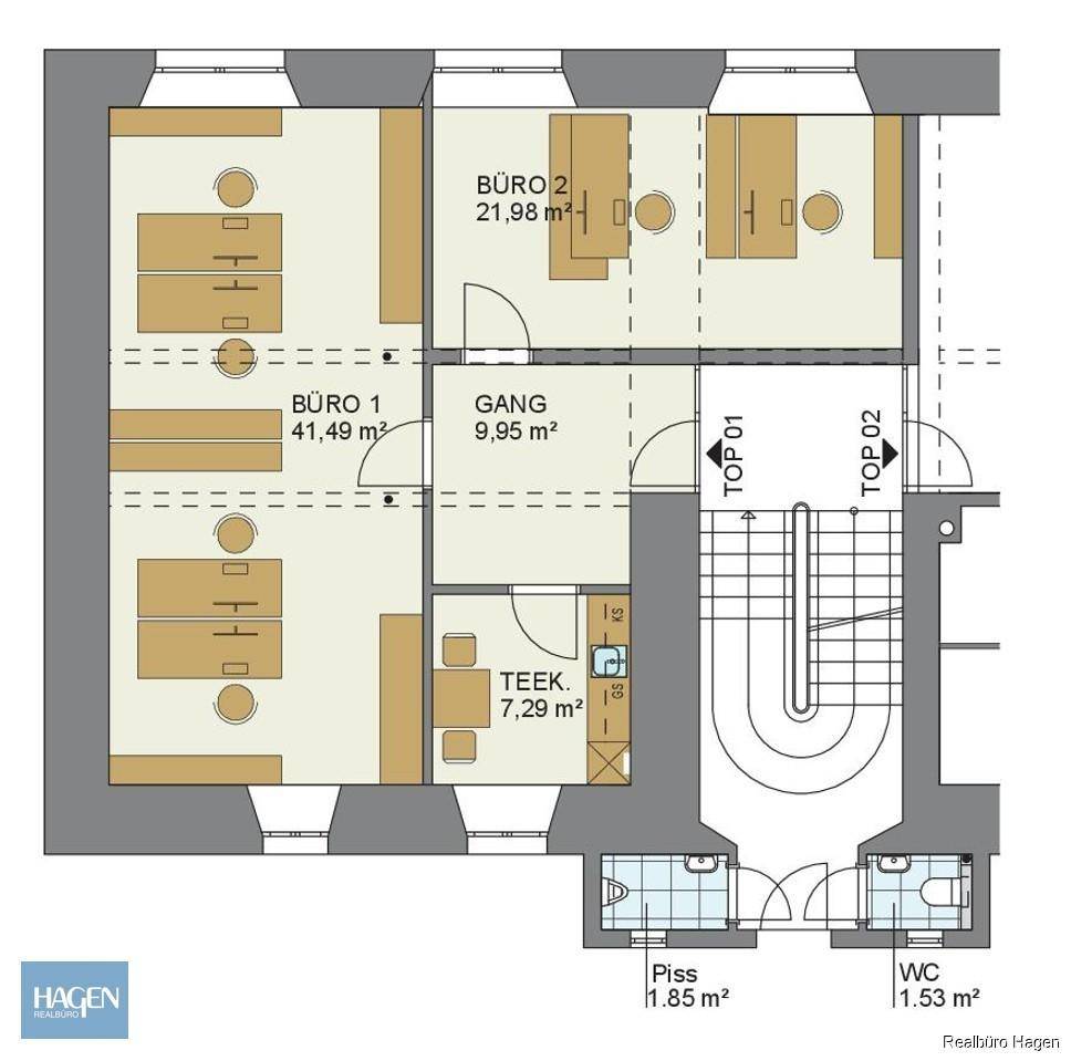 Grundrissplan mit zwei Büros, einem Gang, Teeküche und separaten Toiletten.
