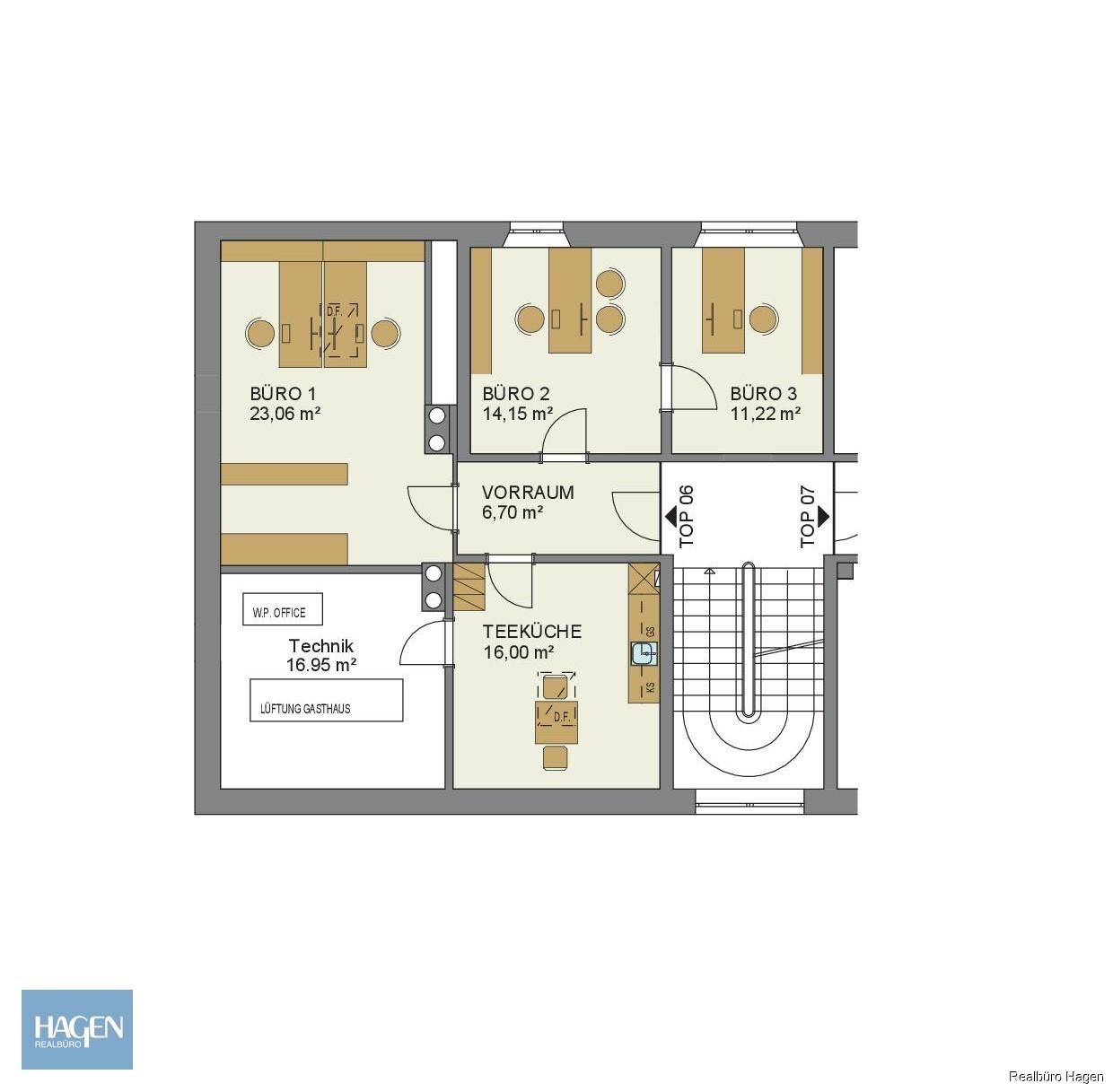 Grundrissplan mit drei Büros, Vorraum, Teeküche und Technikraum.