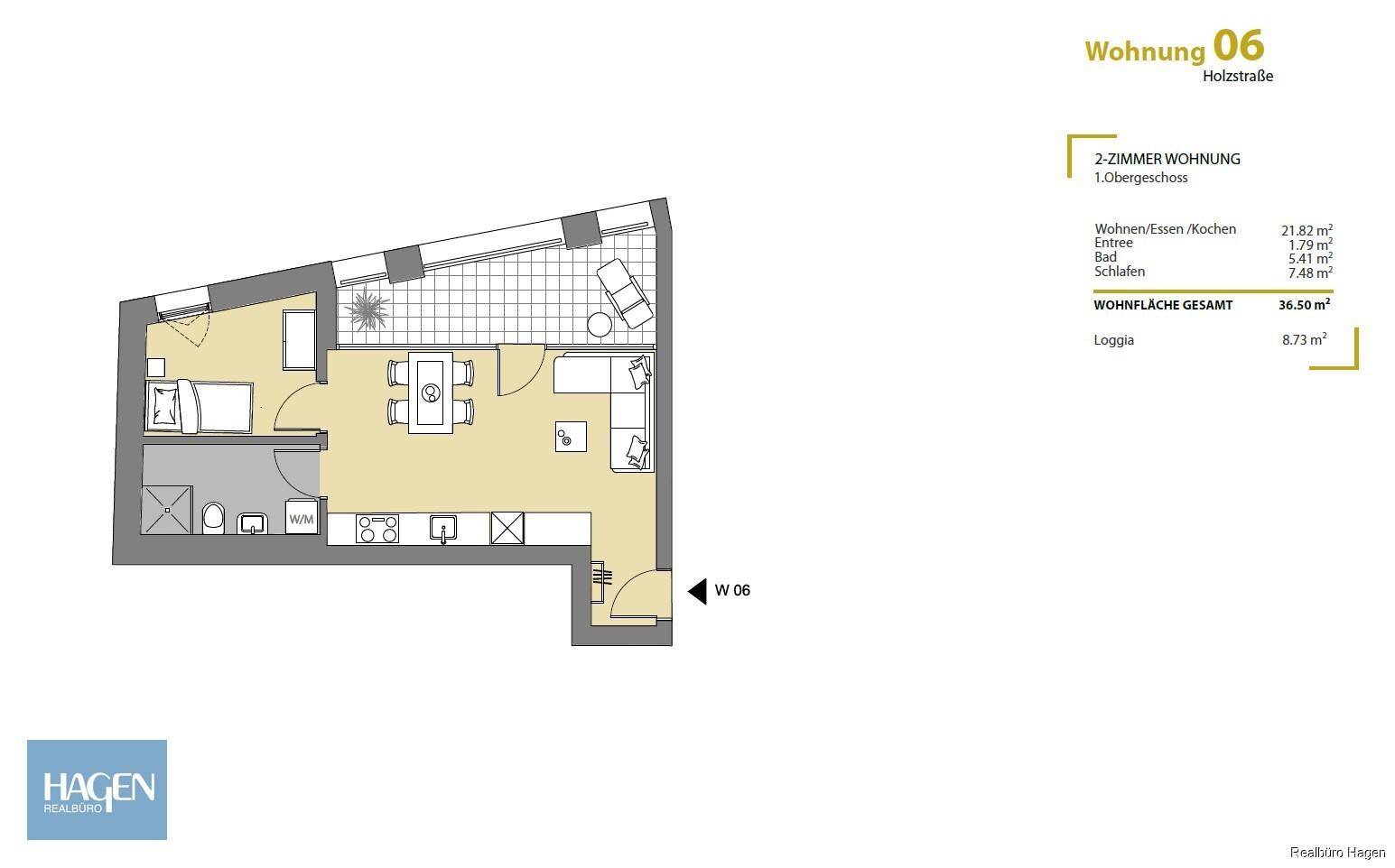 Grundriss einer 2-Zimmer-Wohnung im Obergeschoss mit Loggia und offenem Wohnbereich.