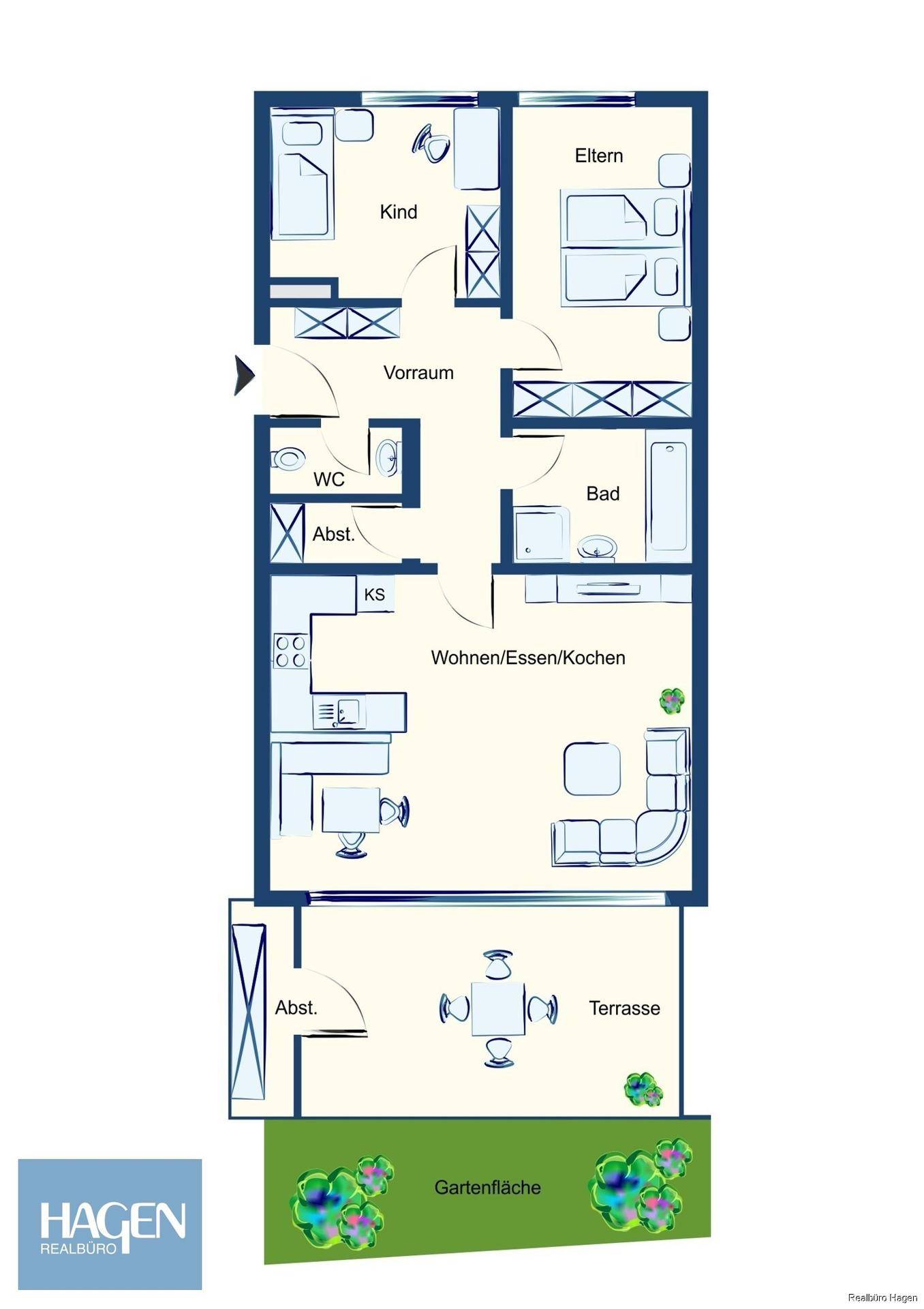 Detaillierter Grundriss der Wohnung mit Wohn-/Ess-/Kochbereich, Schlafzimmern und Terrasse.