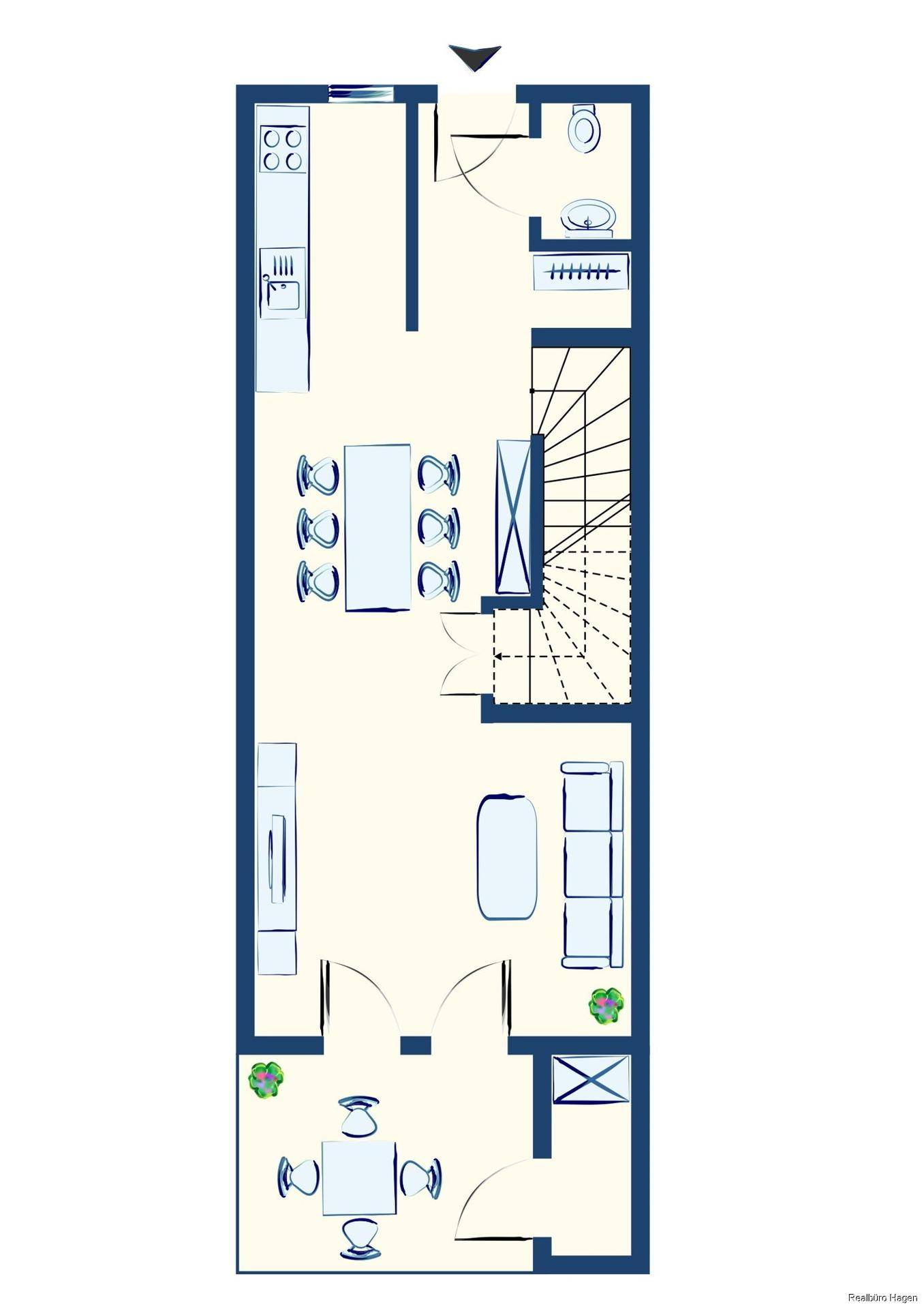 Grundriss des Erdgeschosses mit offener Küche, Essbereich, Wohnzimmer und Gäste-WC.