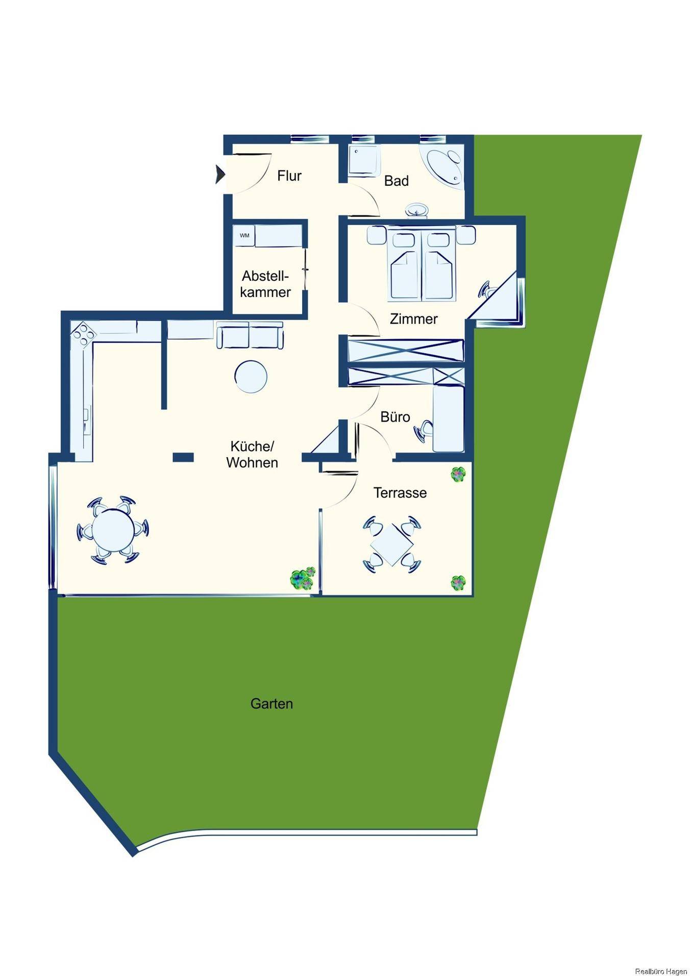 Detaillierter Grundriss der Wohnung mit offener Küche, Wohnbereich, Schlafzimmer und Terrasse.