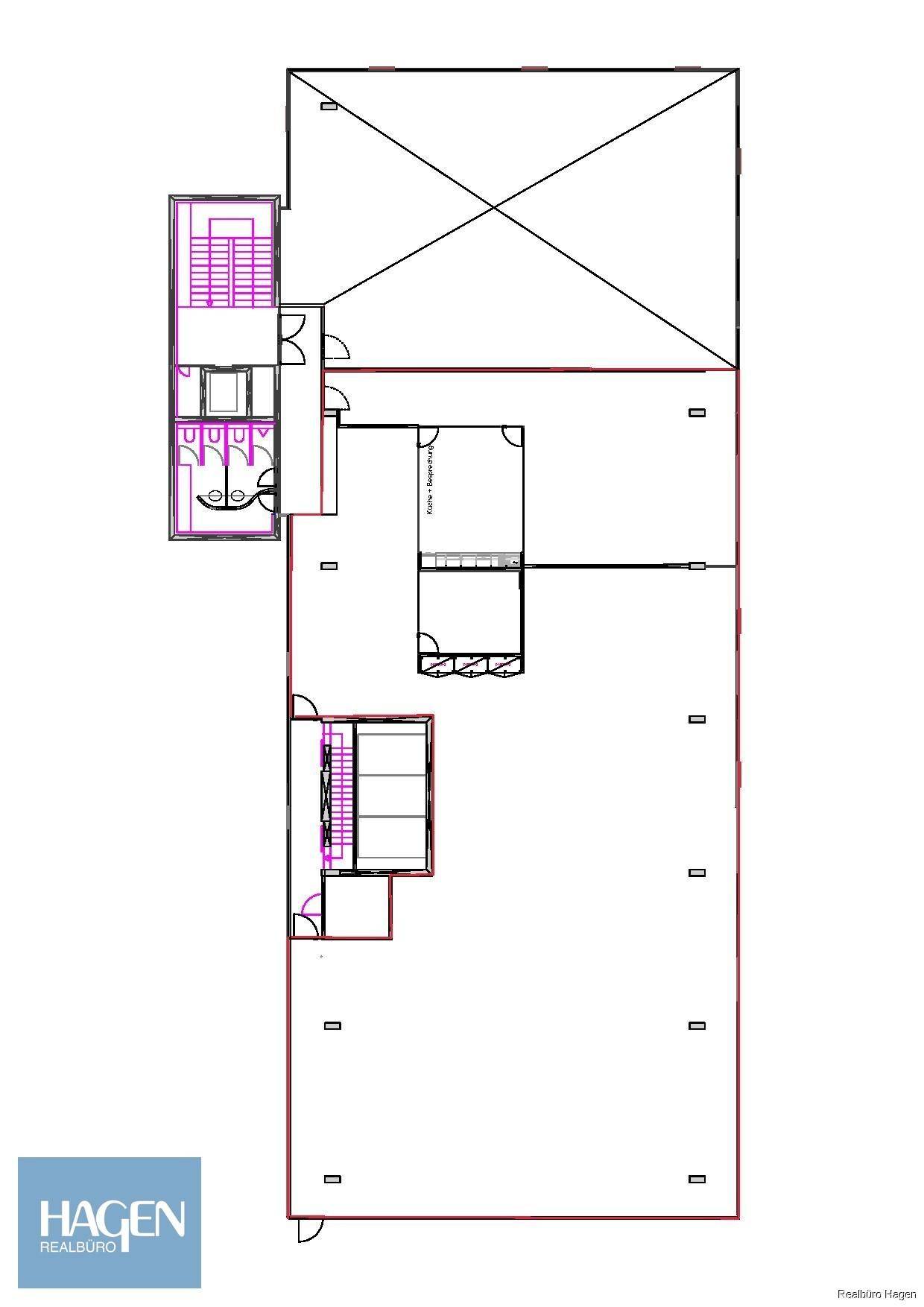Grundrissplan eines modernen Bürogebäudes mit offenem Layout und Treppenhäusern.