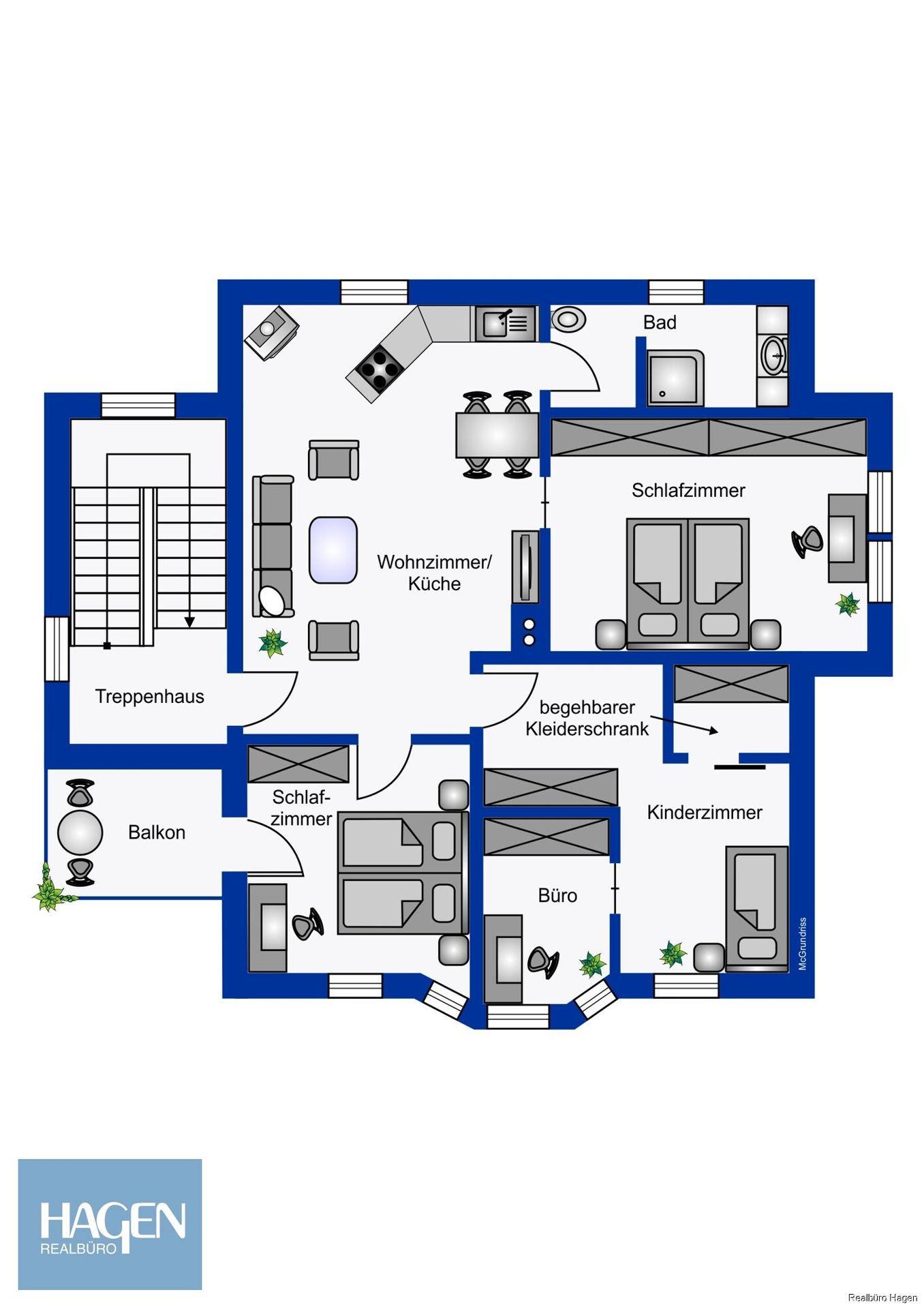 Grundriss des Obergeschosses mit Wohnzimmer, Küche, Schlafzimmern und Balkon.