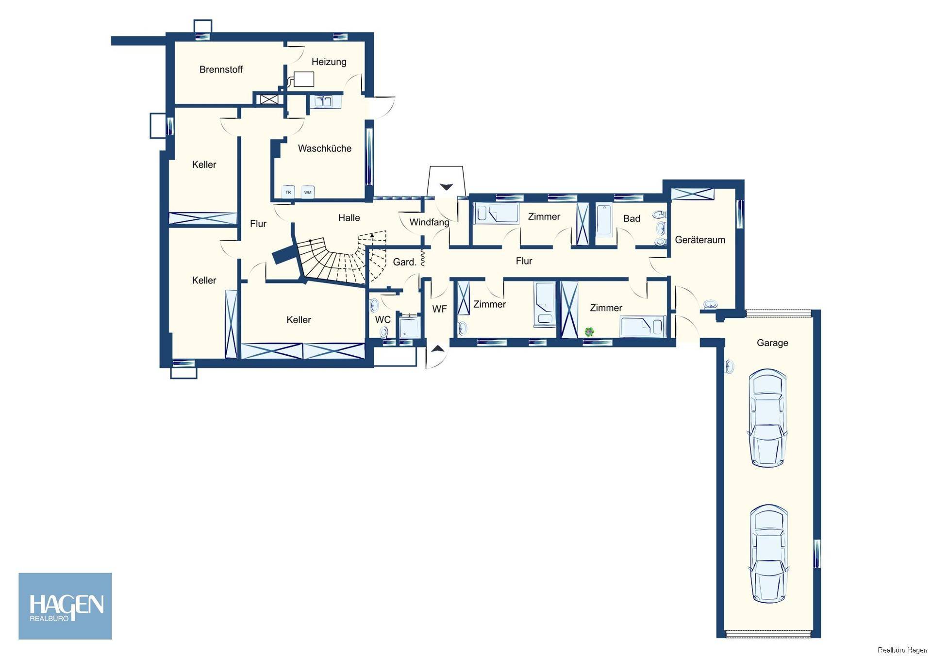 Grundriss des Untergeschosses mit Keller, Waschküche, Heizraum und integrierter Garage.