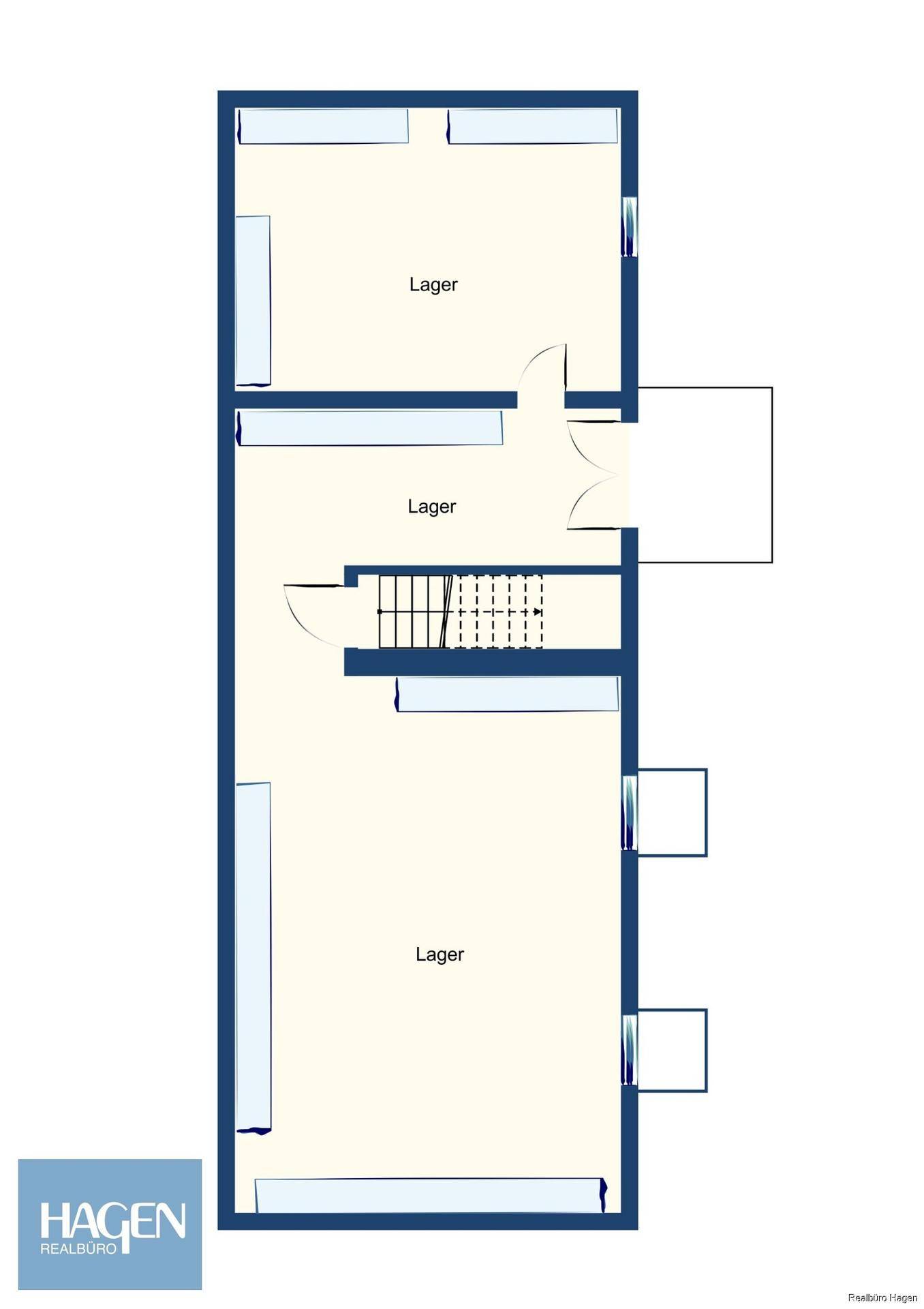 Grundriss einer Etage mit mehreren Lagerräumen und einer zentralen Treppe.
