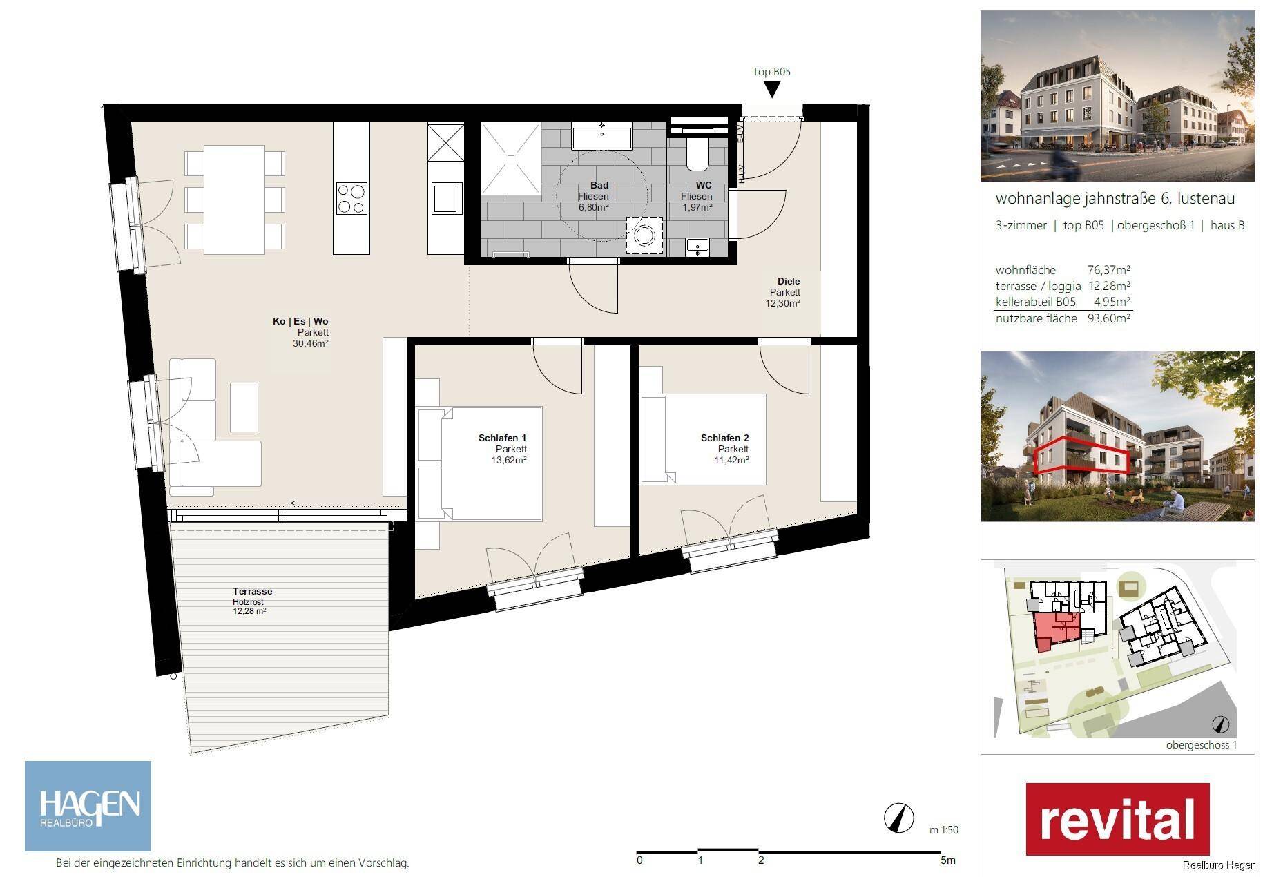 Grundriss einer 3-Zimmer-Wohnung mit offenem Wohnbereich, zwei Schlafzimmern, Bad, separatem WC und Terrasse.