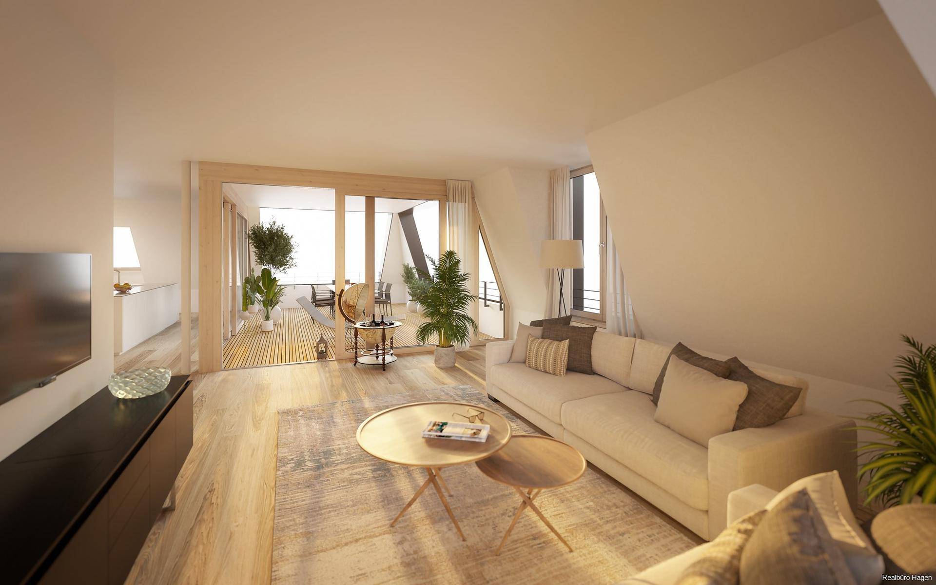 Gemütliches Wohnzimmer mit Holzboden, beiger Couch und Zugang zu einer sonnigen Terrasse.