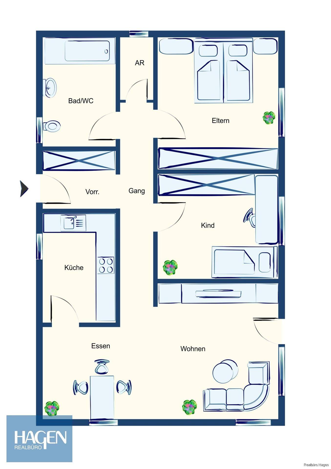 Grundriss einer Wohnung mit Wohn-, Essbereich, Küche, zwei Schlafzimmern und Bad.