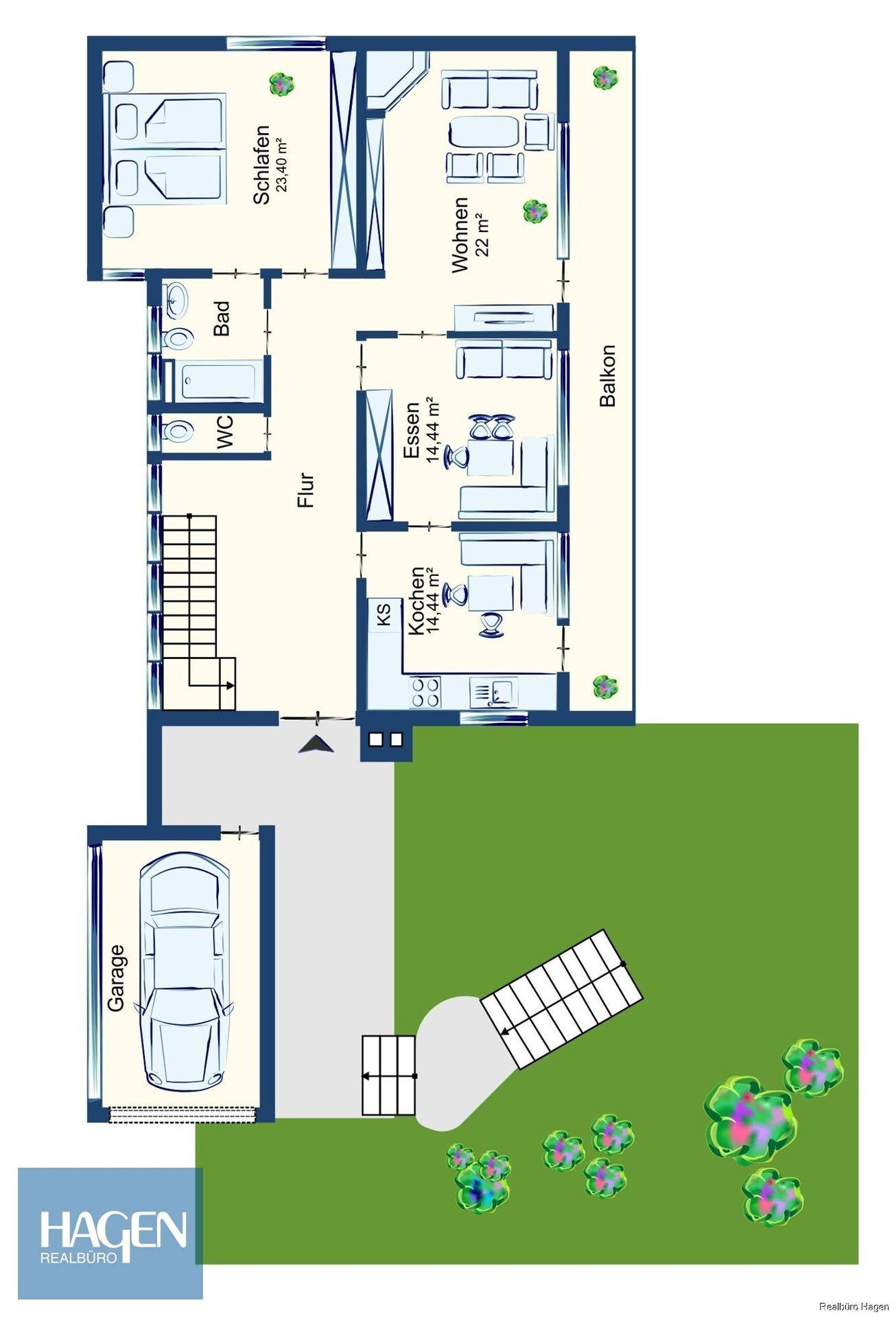 Grundriss des Obergeschosses mit Schlafzimmer, Wohnzimmer, Küche und Balkon.