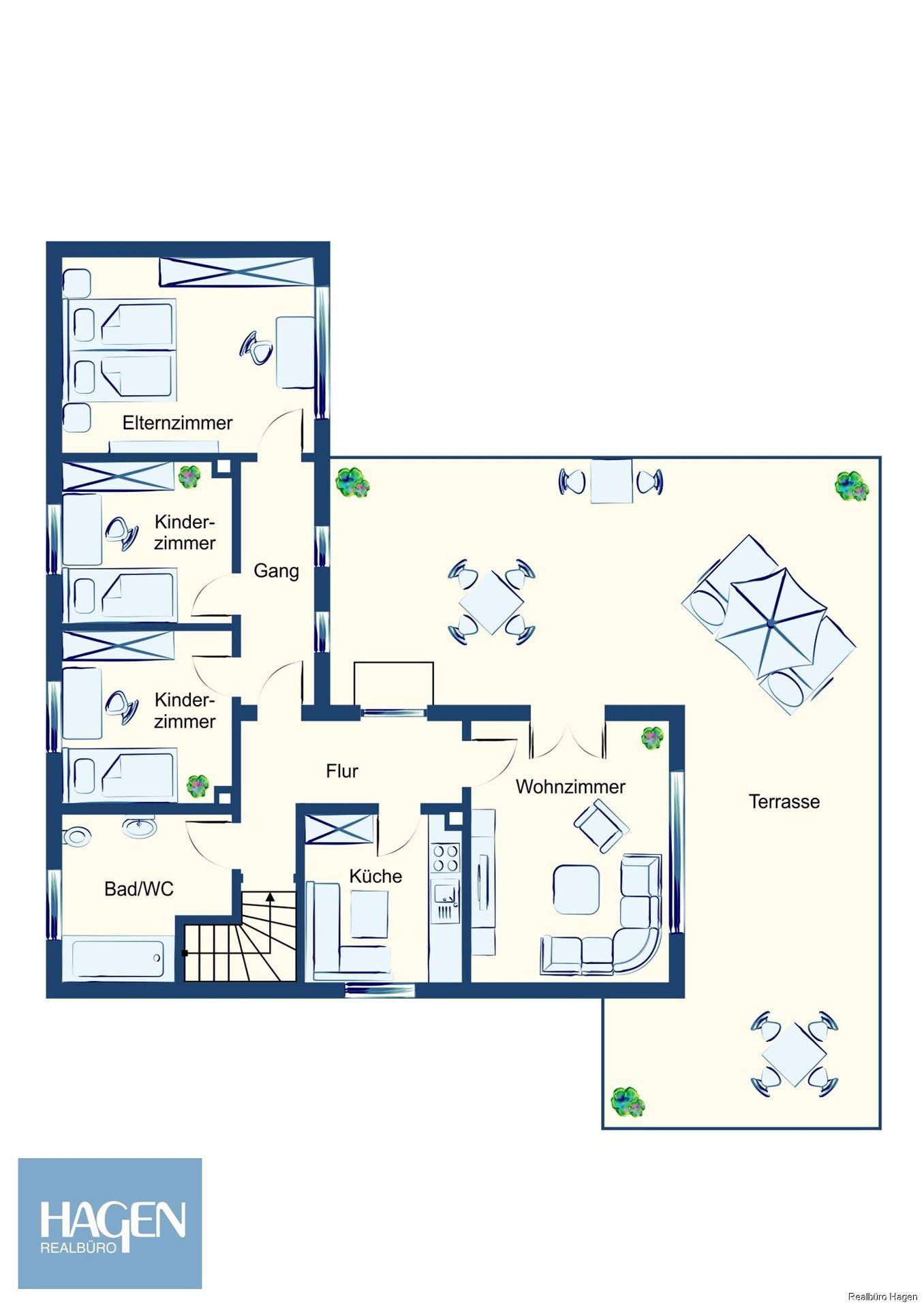 Grundriss des Erdgeschosses mit Wohnzimmer, Küche, drei Schlafzimmern und Terrasse.