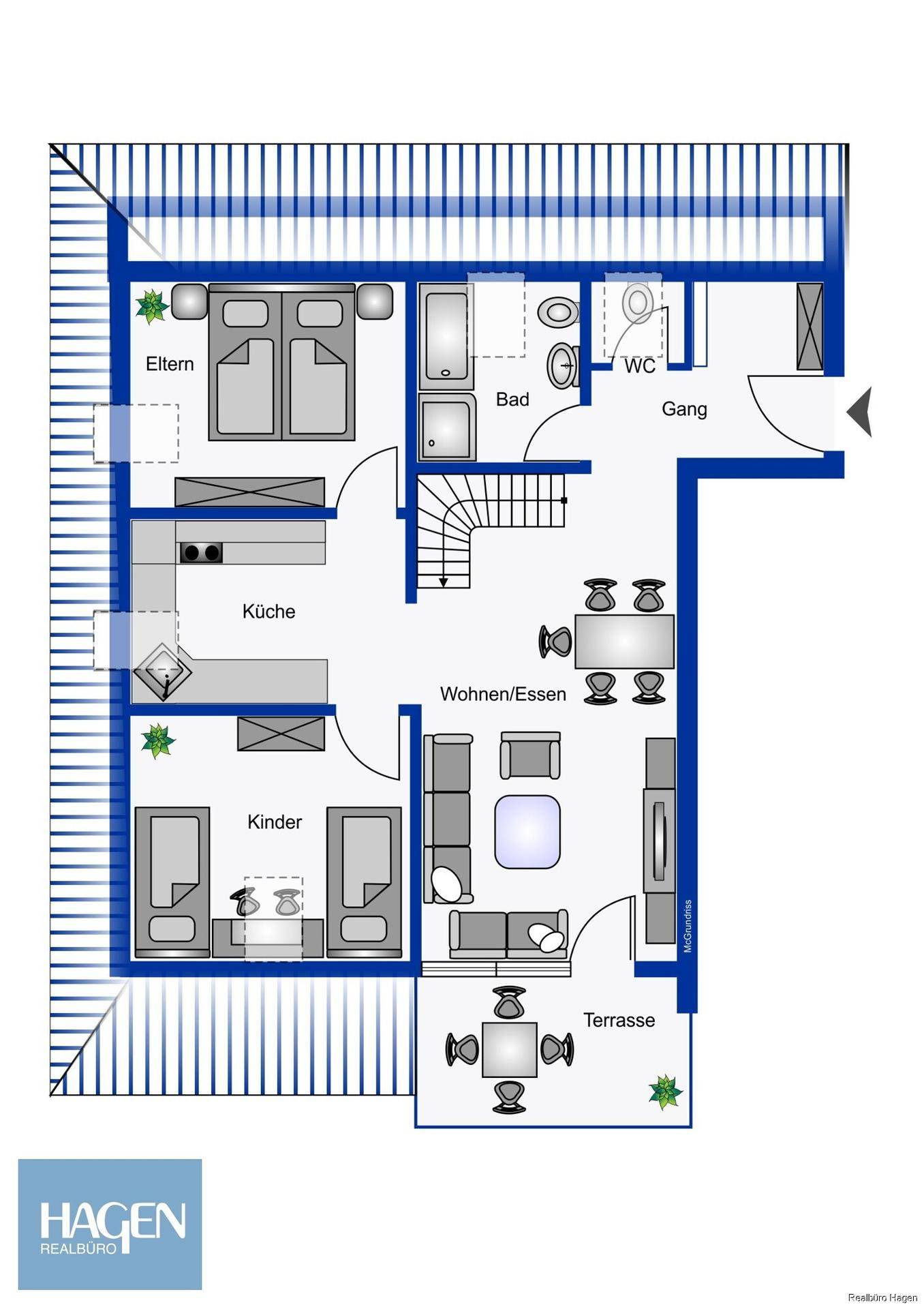 Grundriss der Hauptwohnebene mit offenem Wohn-Essbereich, Küche, zwei Schlafzimmern und Terrasse.