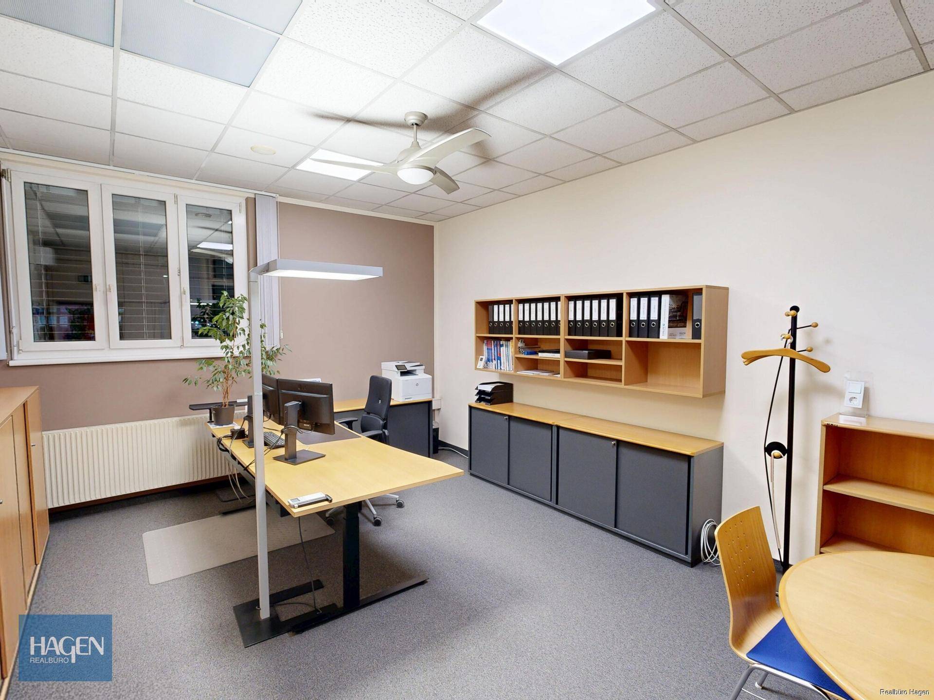 Einzelbüro mit Schreibtisch, Bürostuhl, Regalen und einem Deckenventilator für Komfort.