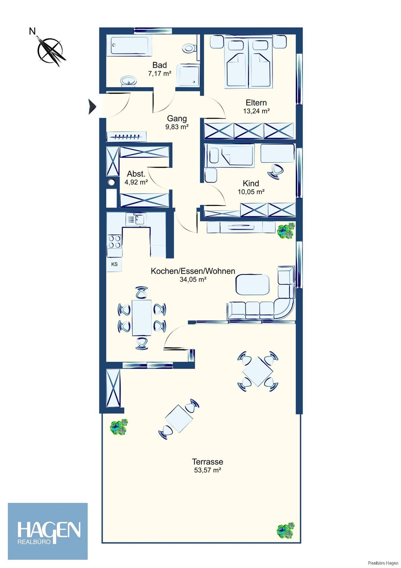 Detaillierter Grundriss einer Wohnung mit drei Zimmern, offener Küche und großer Terrasse.