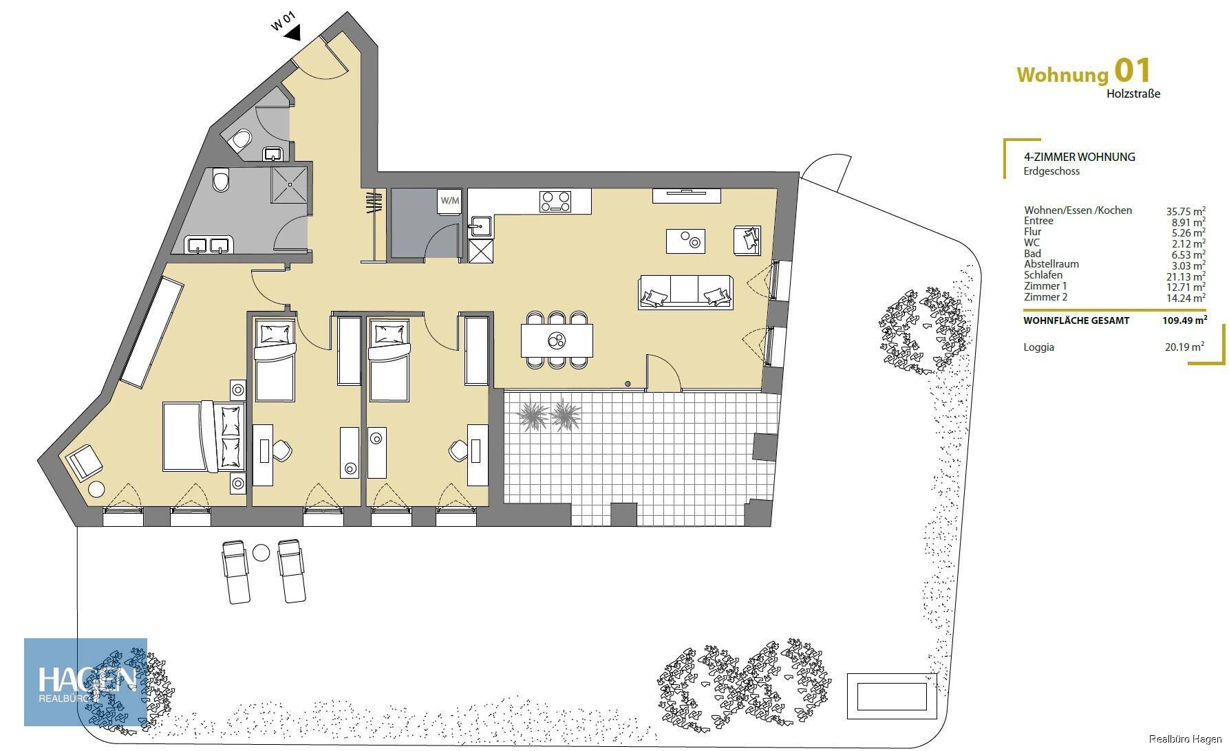 Detaillierter Grundriss der Wohnung 01 im Erdgeschoss mit Loggia und Gartenanteil.