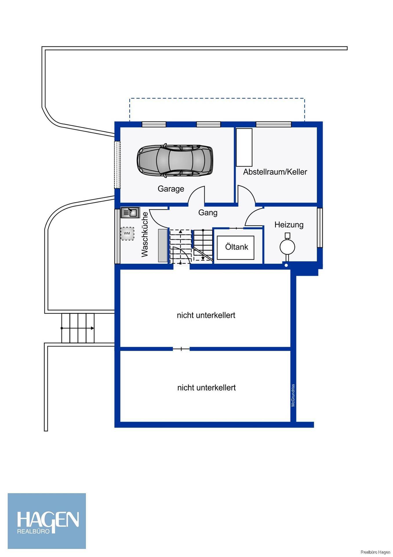 Grundriss des Kellergeschosses mit Garage, Abstellraum, Heizung, Öltank und Waschküche.