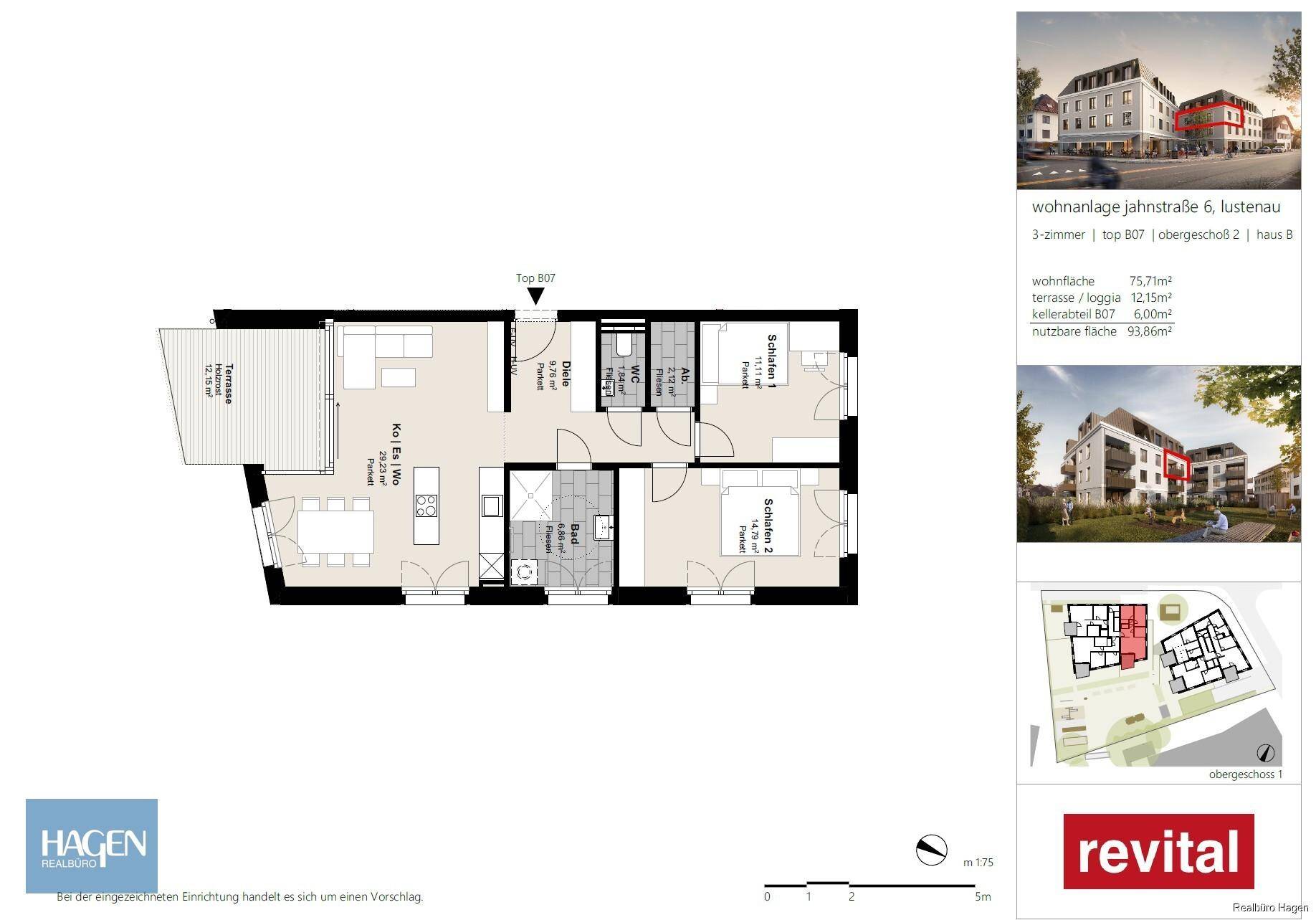 Grundriss einer 3-Zimmer-Wohnung mit Terrasse, Loggia und offenem Wohnbereich.