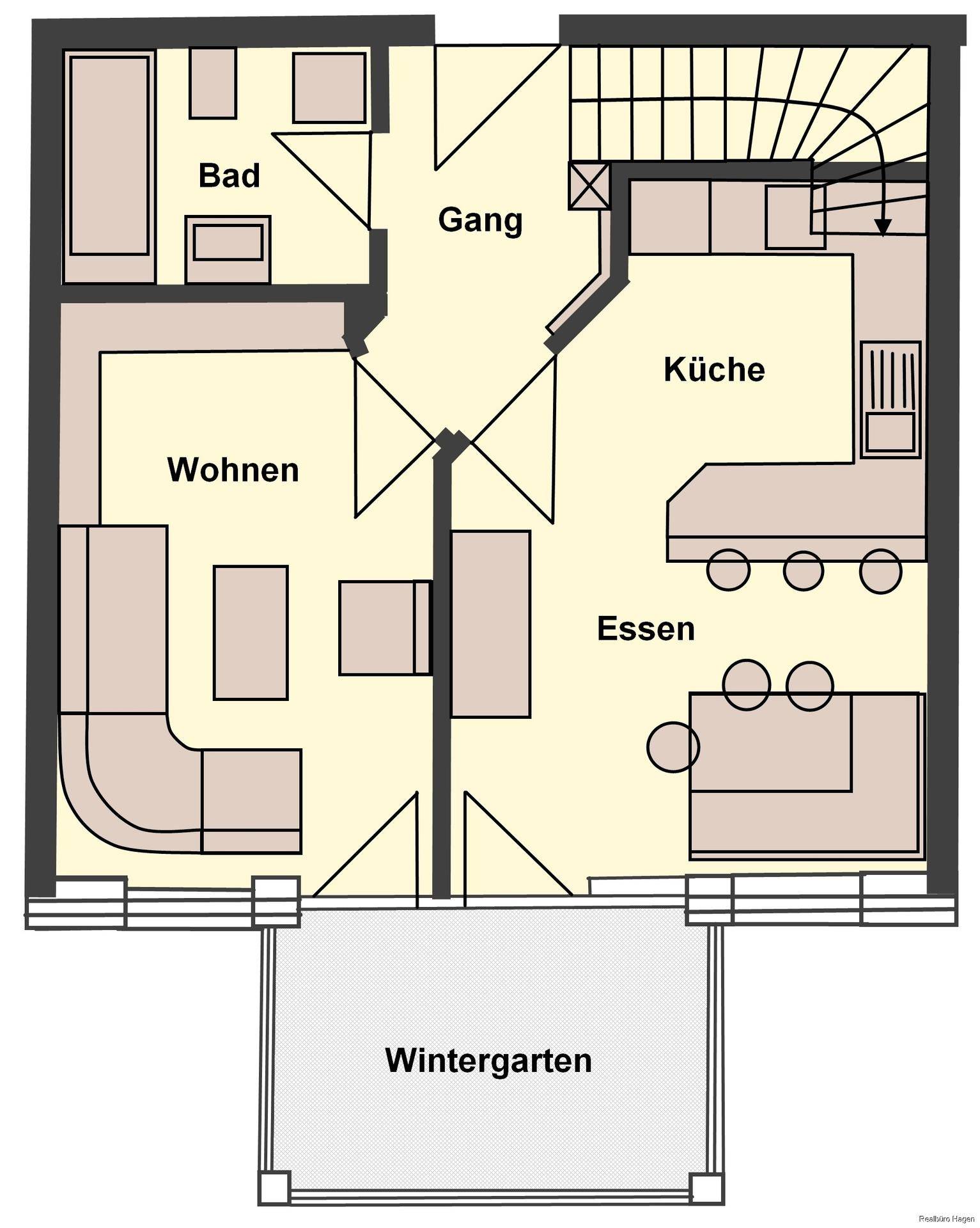 Grundriss des Erdgeschosses mit Wohnzimmer, Küche, Bad und Wintergarten.