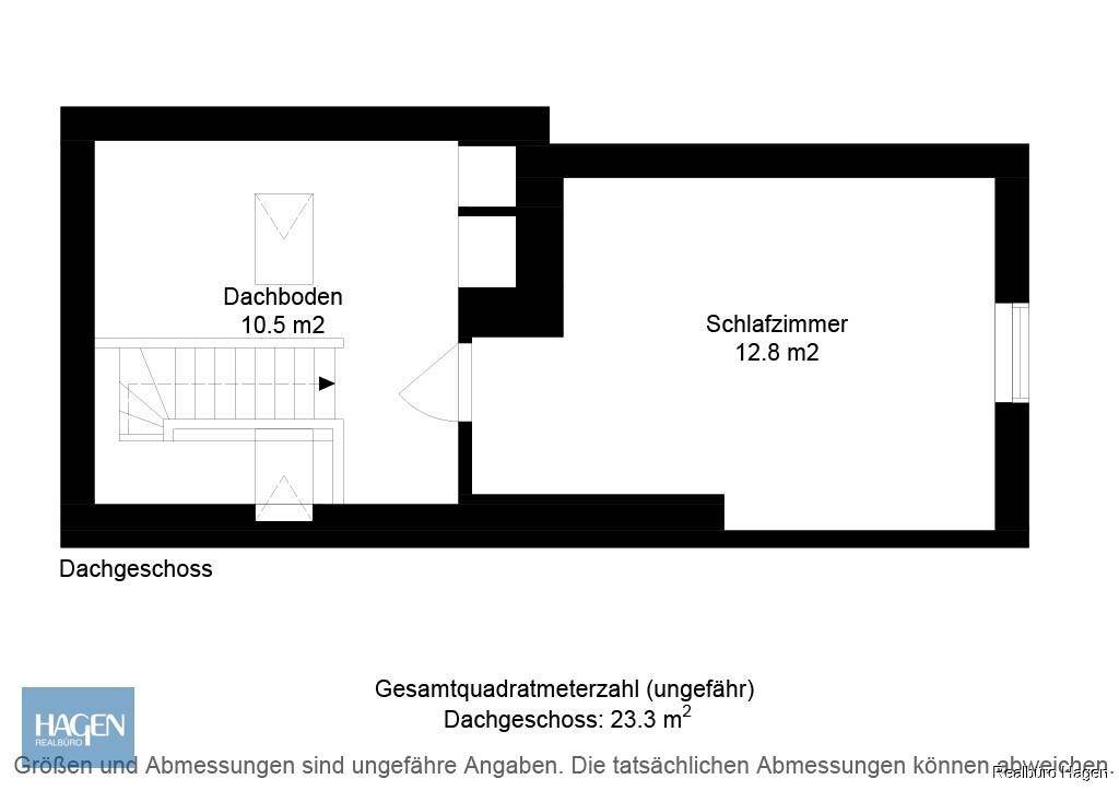 Grundriss des Dachgeschosses, der ein Schlafzimmer und einen Dachbodenbereich zeigt.