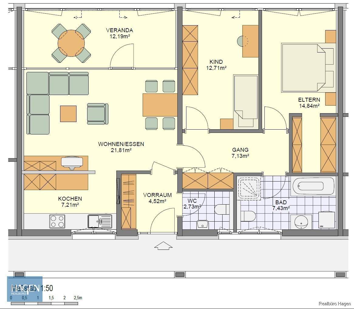 Grundriss der Wohnung mit Wohn-/Essbereich, Küche, zwei Schlafzimmern und Veranda.