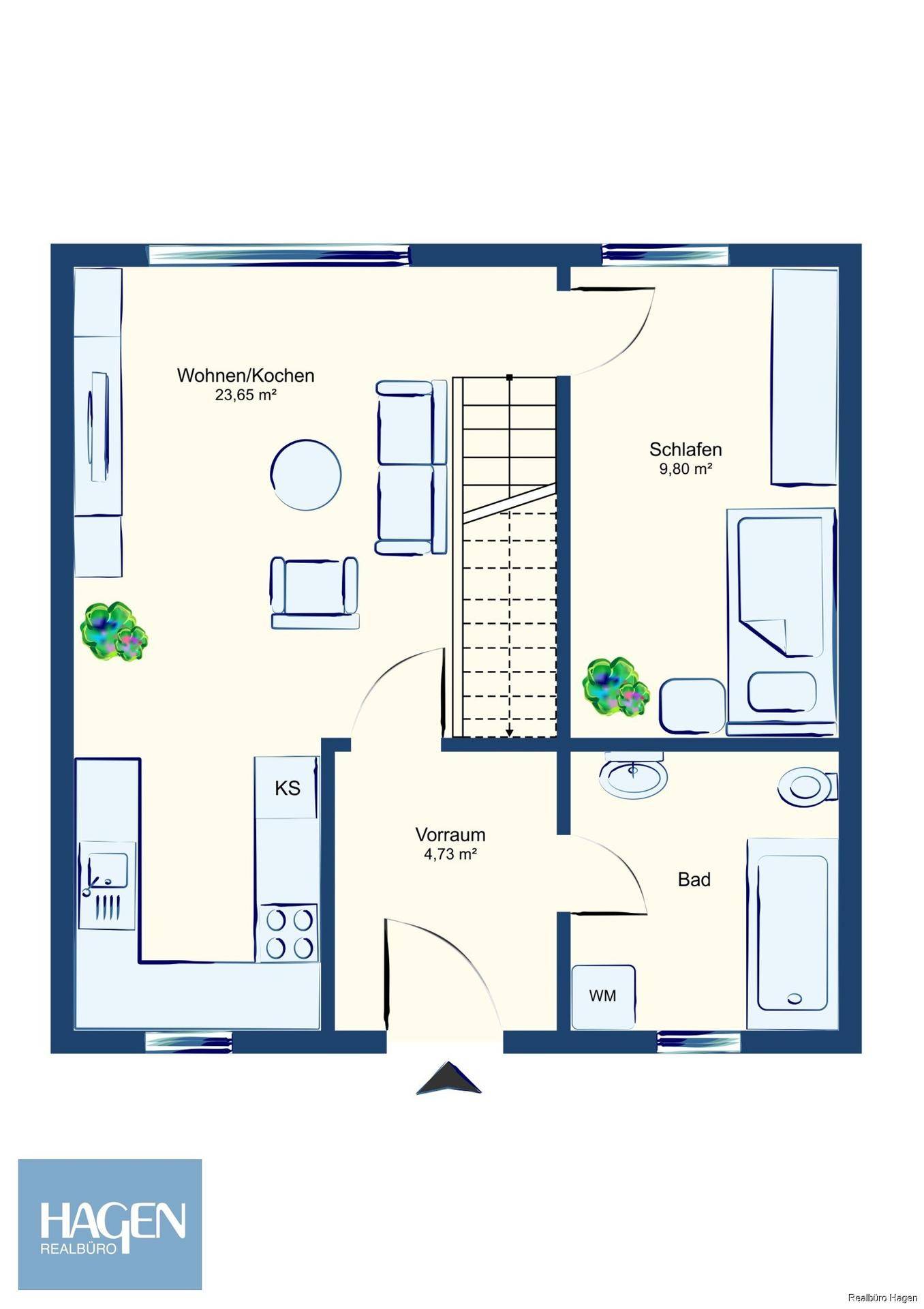 Grundriss des Erdgeschosses mit Wohn-/Kochbereich, Schlafzimmer und Bad.