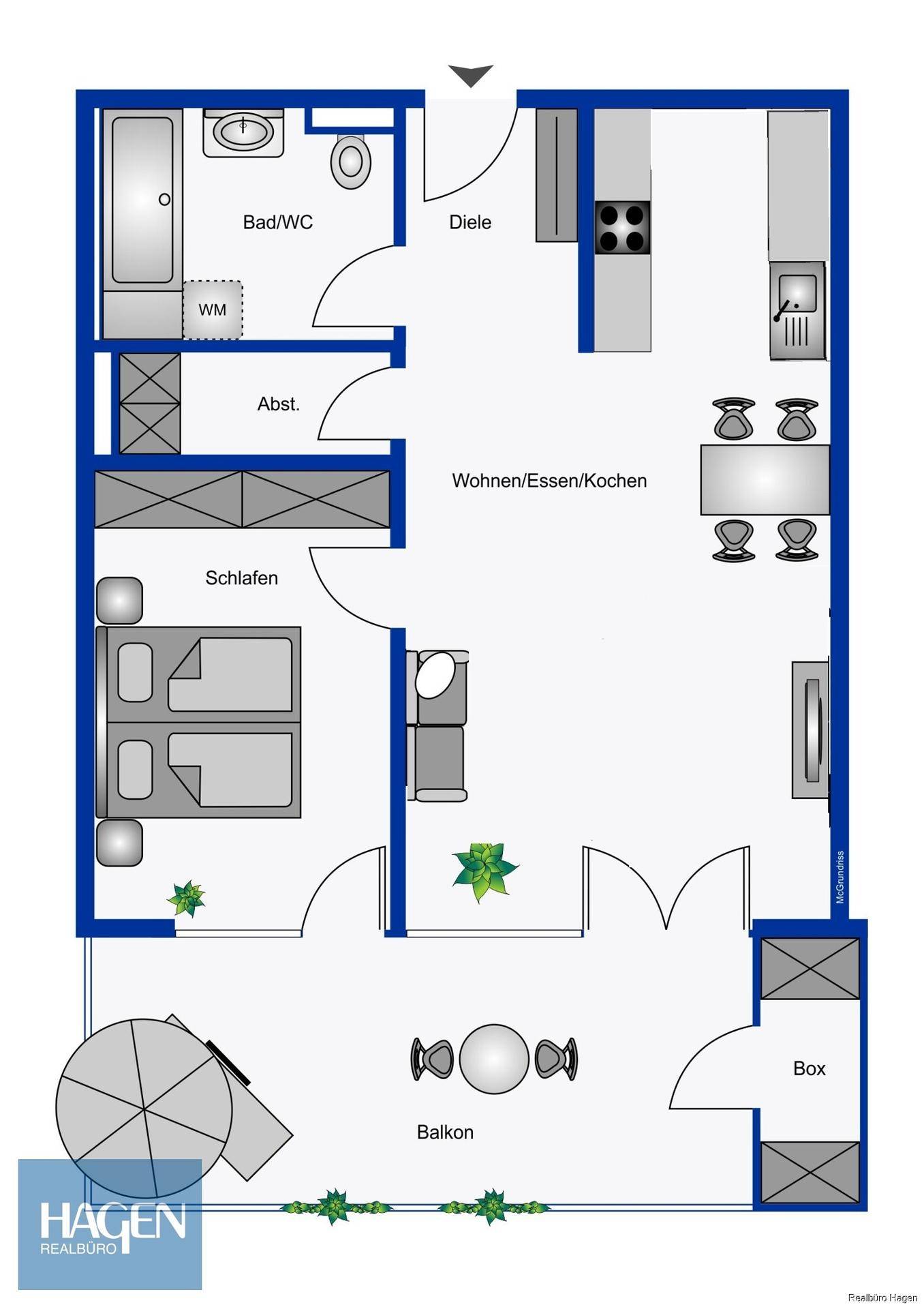 Detaillierter Grundriss einer Wohnung mit offenem Wohnbereich, Schlafzimmer und Balkon.