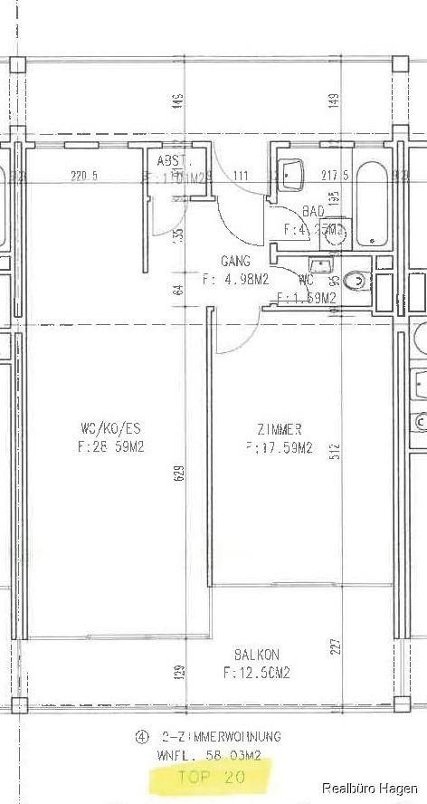 Grundrissplan einer 3-Zimmer-Wohnung mit Balkon, Bad und separatem WC.
