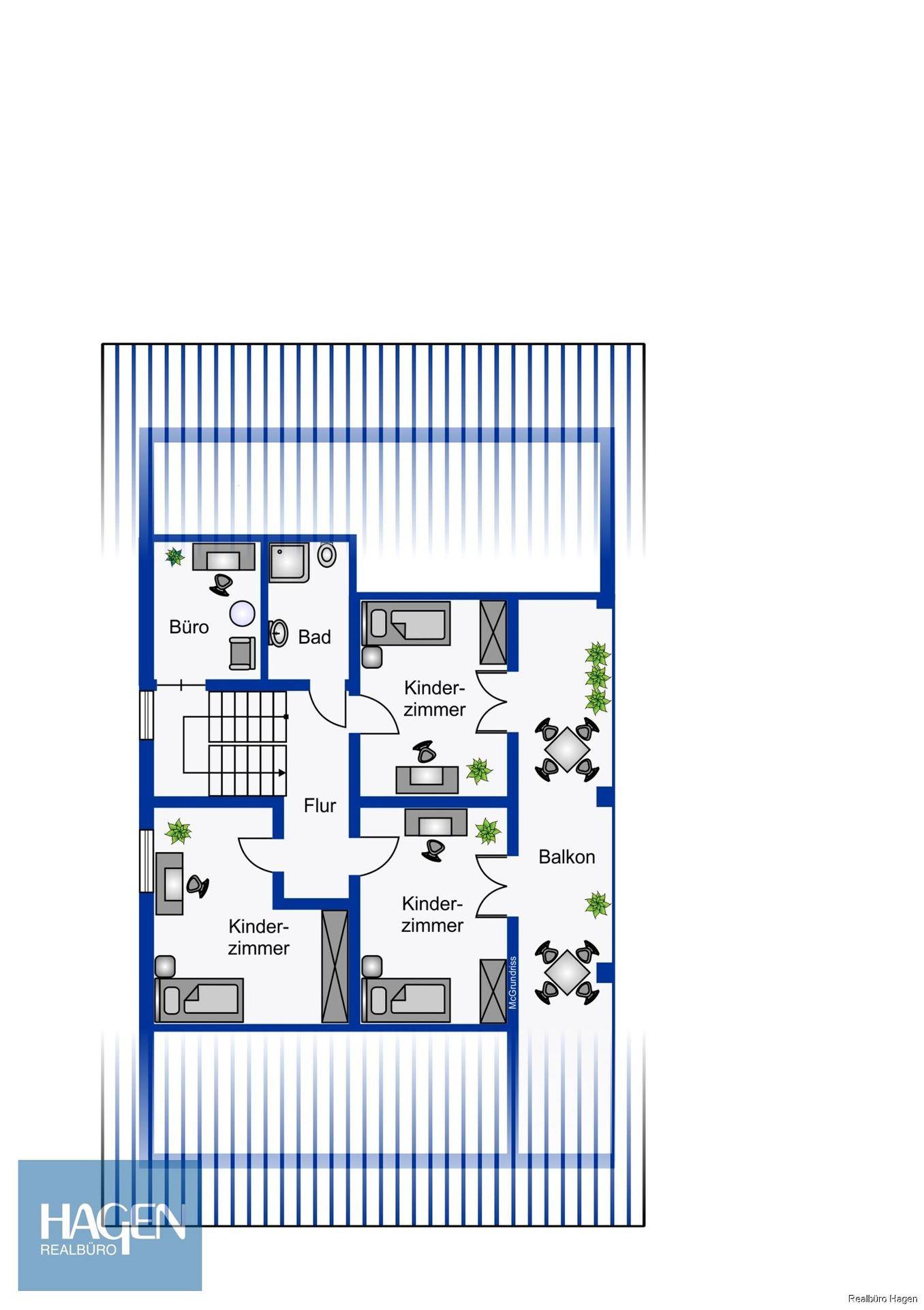 Grundriss des Obergeschosses mit Schlafzimmern, Bad und Balkon.