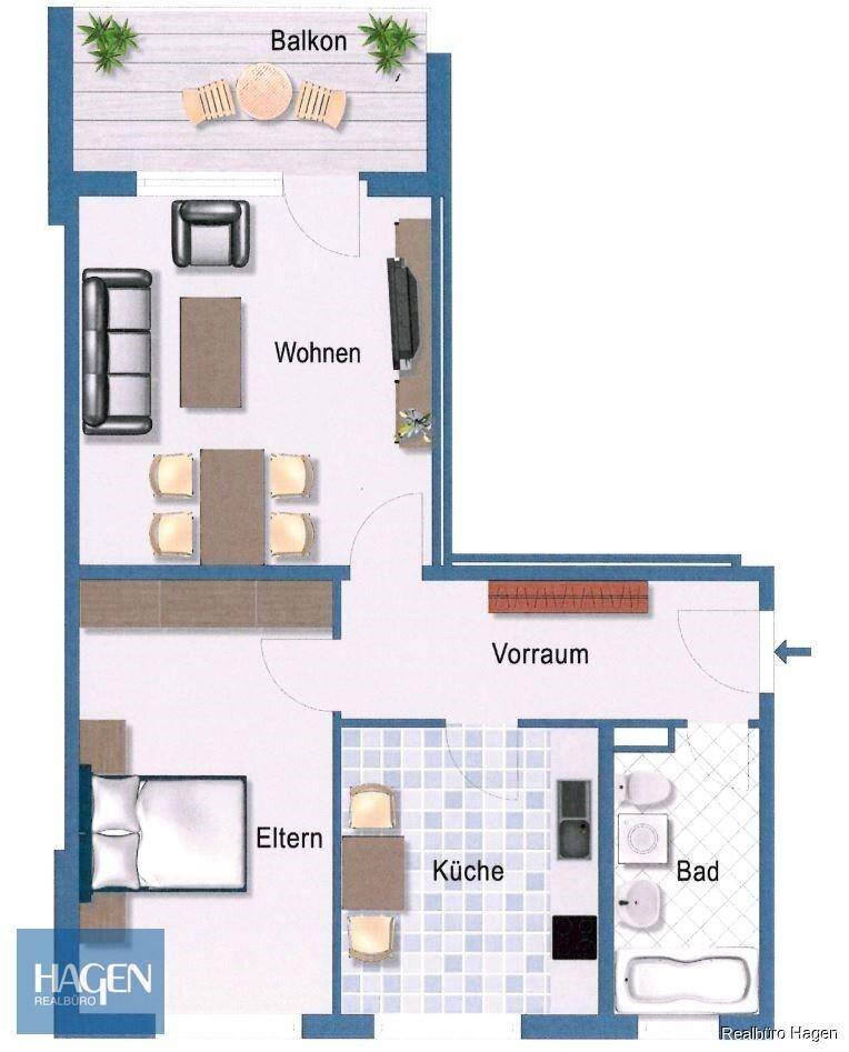 Grundriss der Wohnung zeigt Balkon, Wohnbereich, Schlafzimmer und separate Küche.
