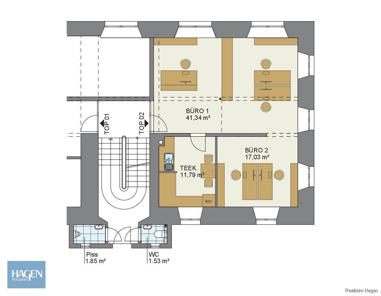 Grundrissplan mit zwei Büros, Teeküche und separaten Toiletten im Erdgeschoss.