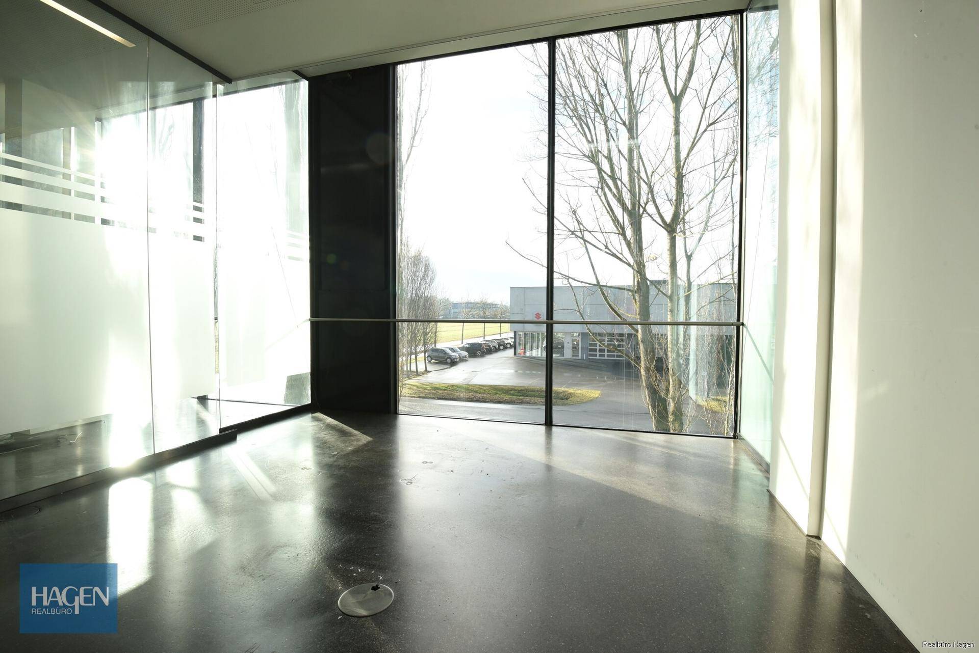 Geräumiger, leerer Büroraum mit großen Glasfronten und poliertem Betonboden, ideal für natürliche Belichtung.