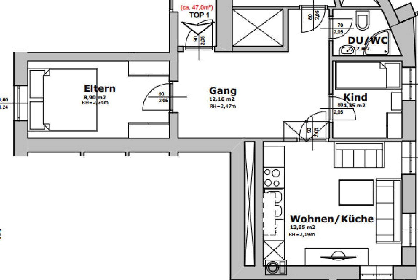 Einteilungsplan Wohnung Top 1 - UG