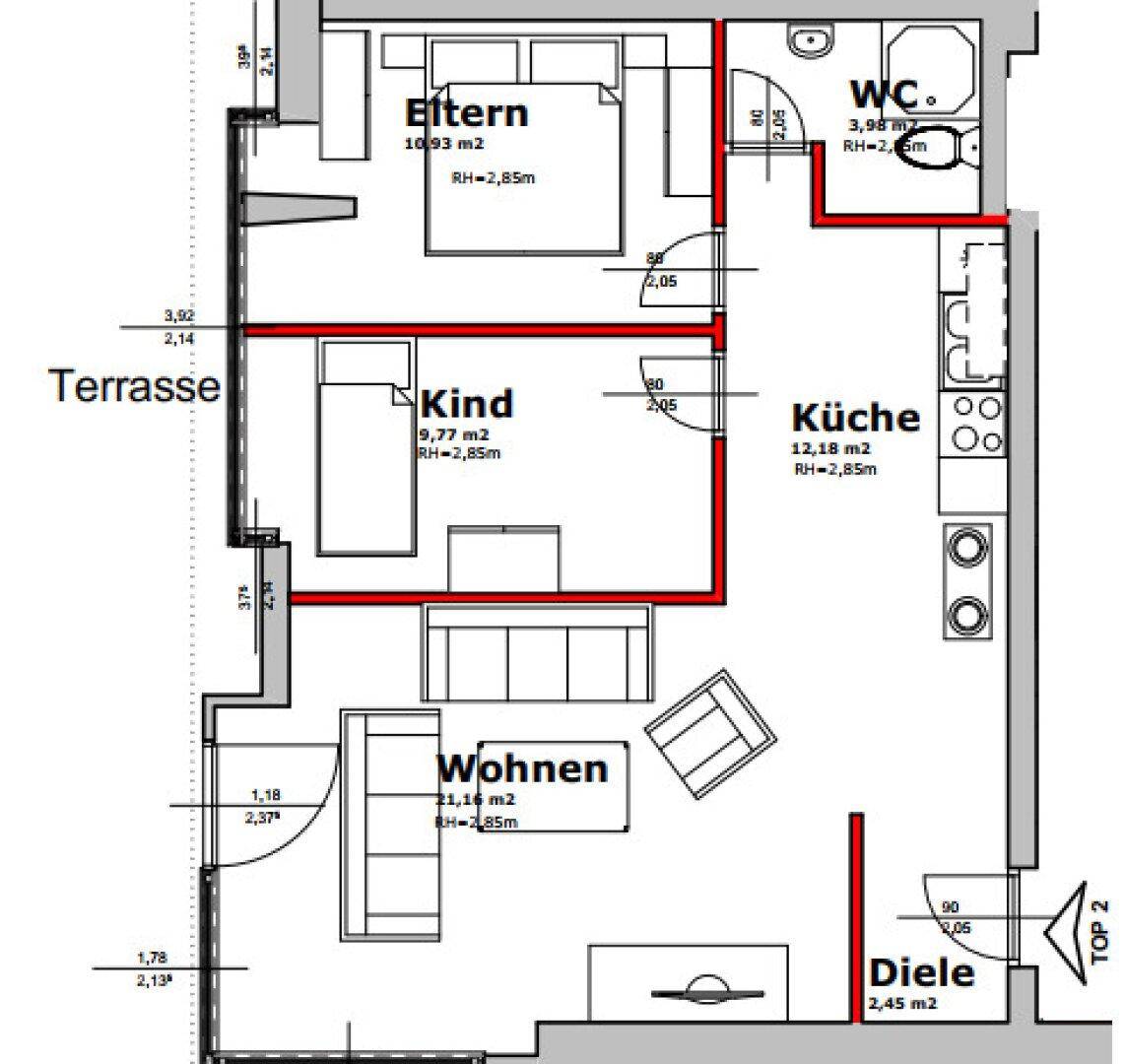 Einteilungsplan Wohnung Top 2 - Erdgeschoss